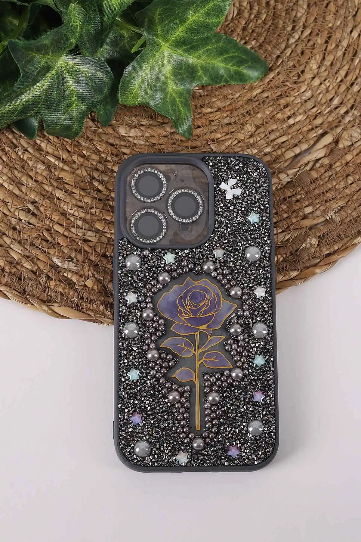 Gri TeknoCase İPhone 14 Pro Uyumlu Afra Diamond Case Serisi Lens Hediyeli Premium Sert Silikon Telefon Kılıfı 430516
