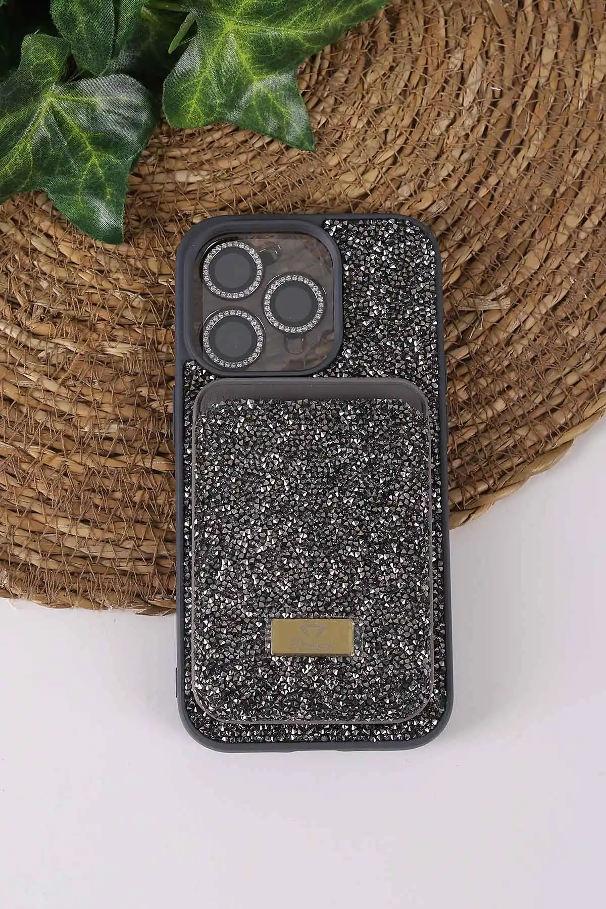 Gri TeknoCase İPhone 14 Pro Uyumlu Viola Diamond Case Serisi Kartlıklı Lens Hediyeli Sert Silikon Telefon Kılıfı 430803