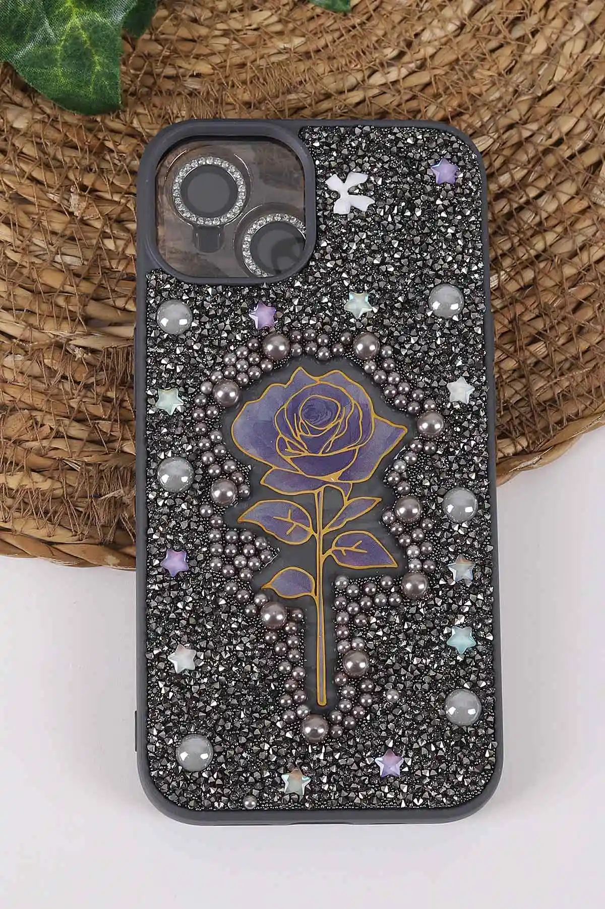 Gri TeknoCase İPhone 14 Uyumlu Afra Diamond Case Serisi Lens Hediyeli Premium Sert Silikon Telefon Kılıfı 430511