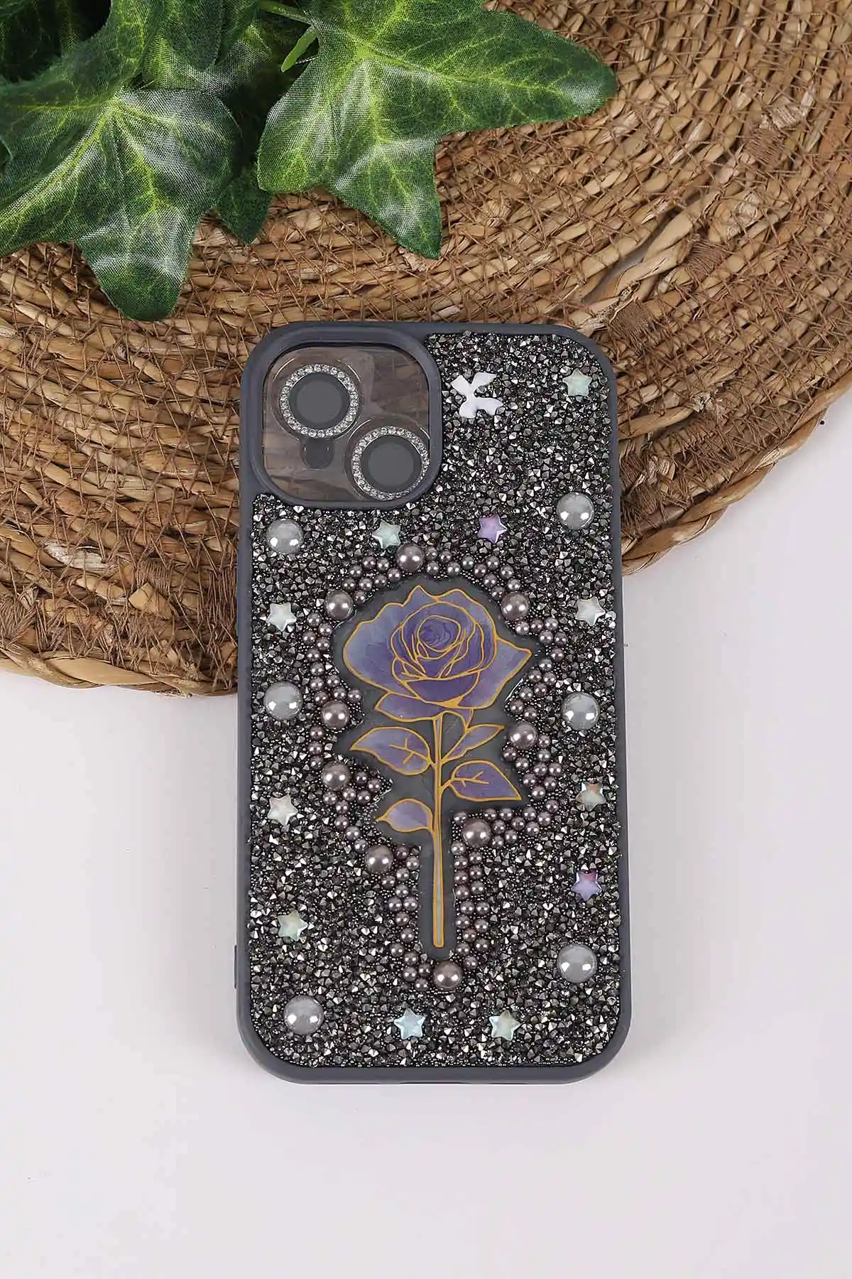 Gri TeknoCase İPhone 15 Uyumlu Afra Diamond Case Serisi Lens Hediyeli Premium Sert Silikon Telefon Kılıfı 430527