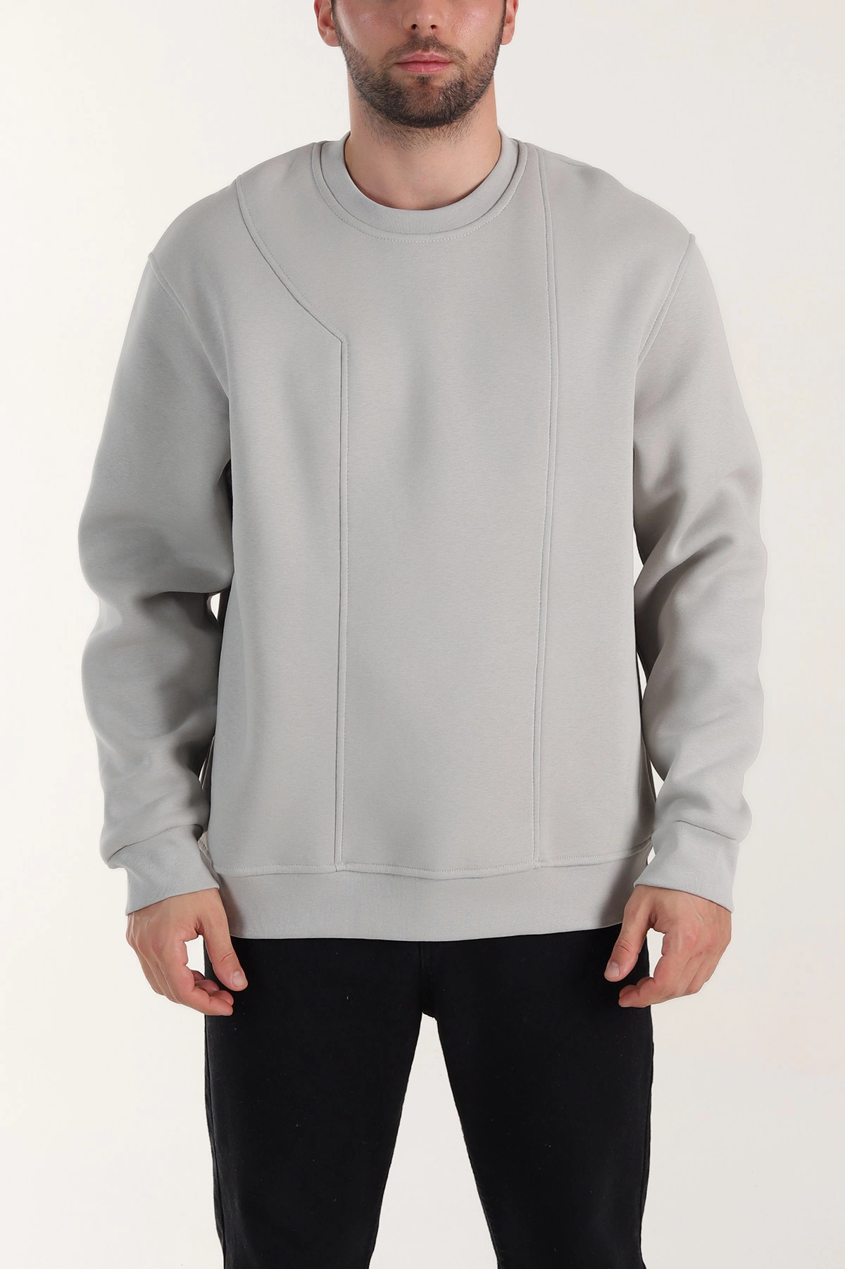 Gri Üç İp Şardonlu Bisiklet Yaka Erkek Sweatshirt 410909