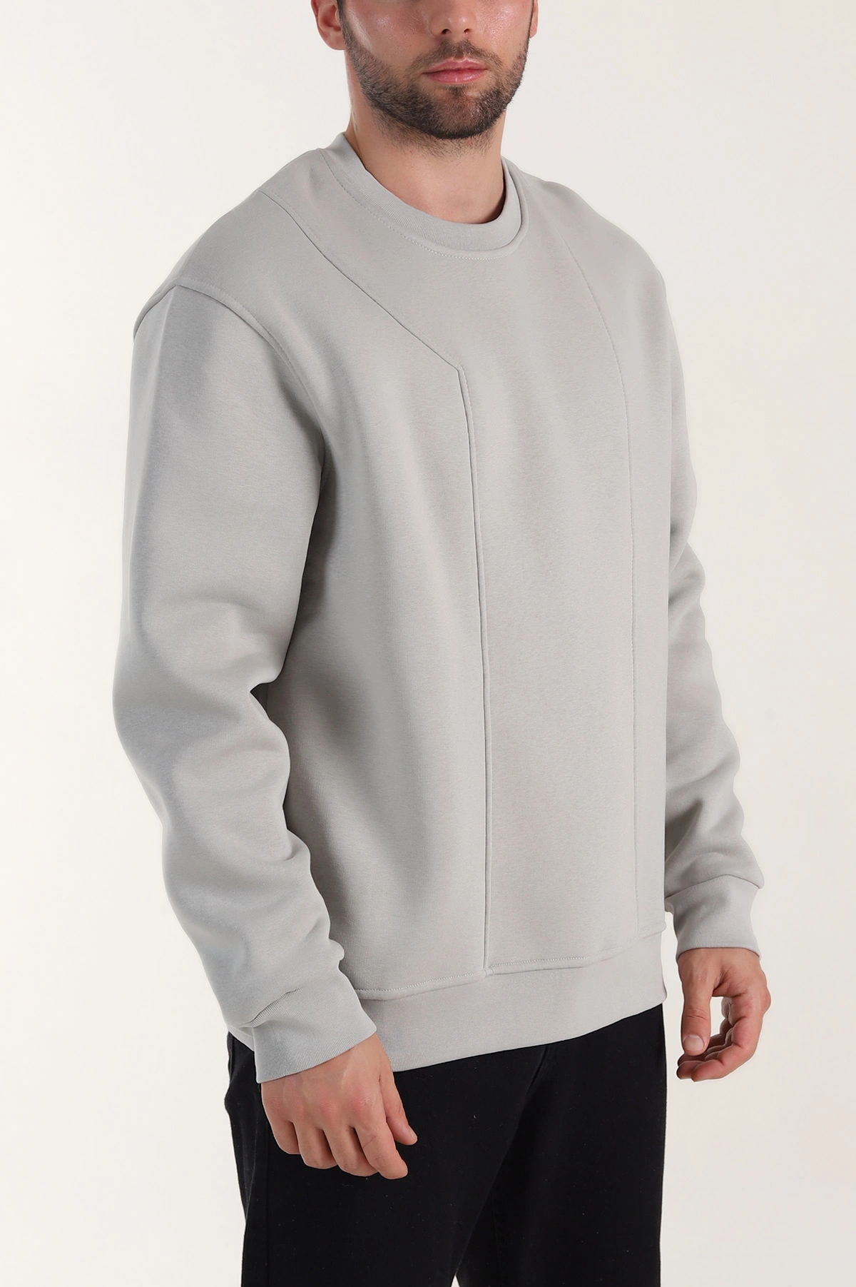 Gri Üç İp Şardonlu Bisiklet Yaka Erkek Sweatshirt 410909
