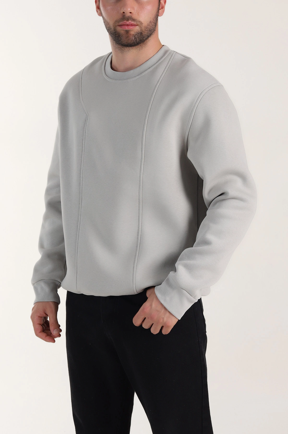Gri Üç İp Şardonlu Bisiklet Yaka Erkek Sweatshirt 410909