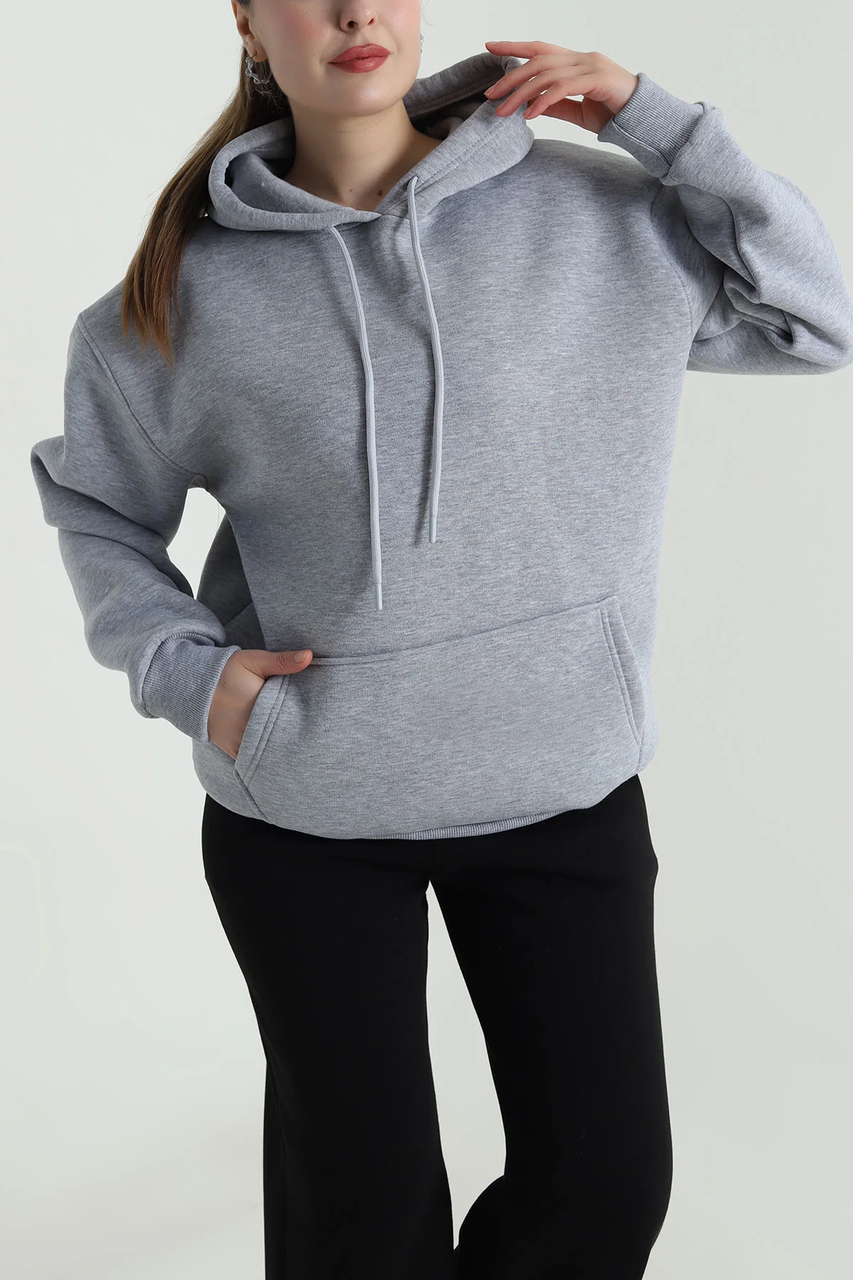 Gri Üç İplik Şardonlu Kadın Sweat 496732