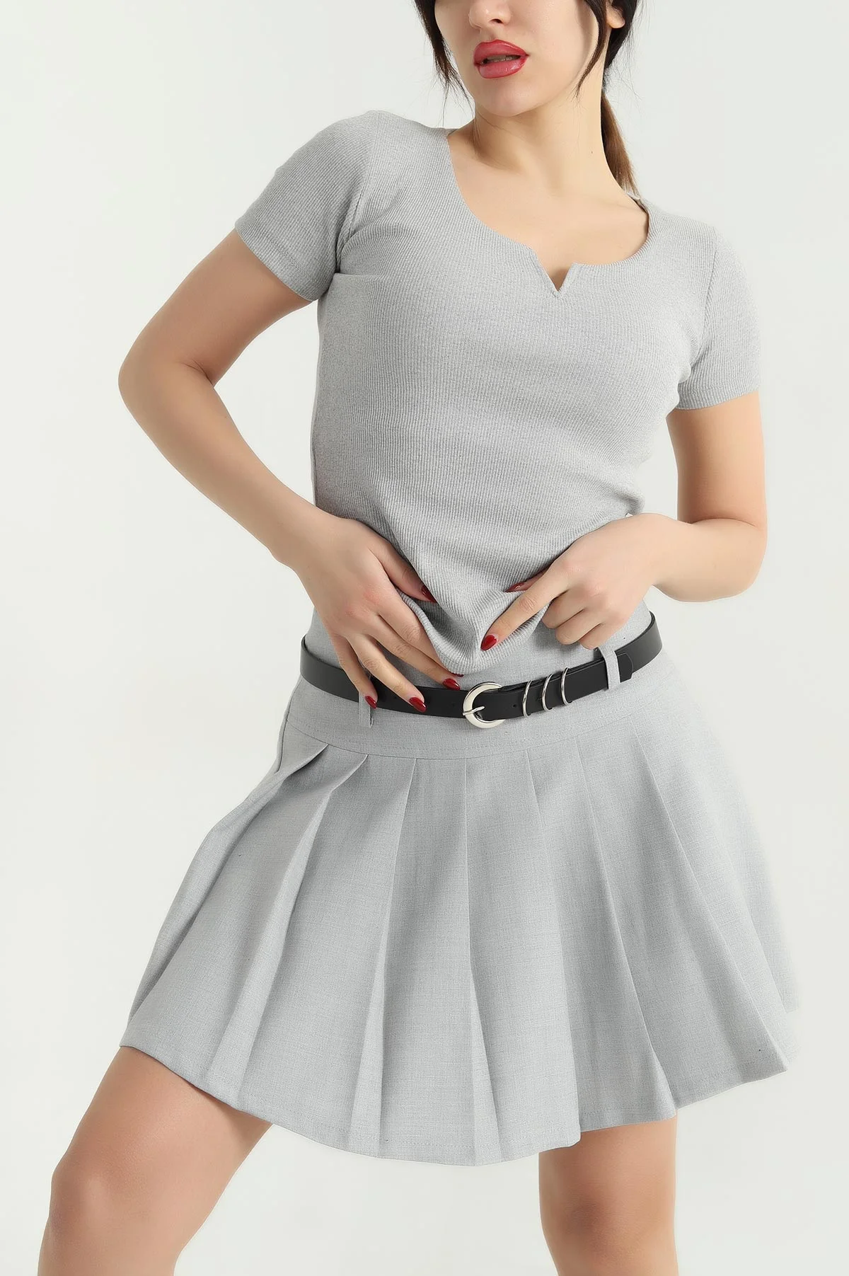 Gri V Detay Likralı Kaşkorse Bluz 340371