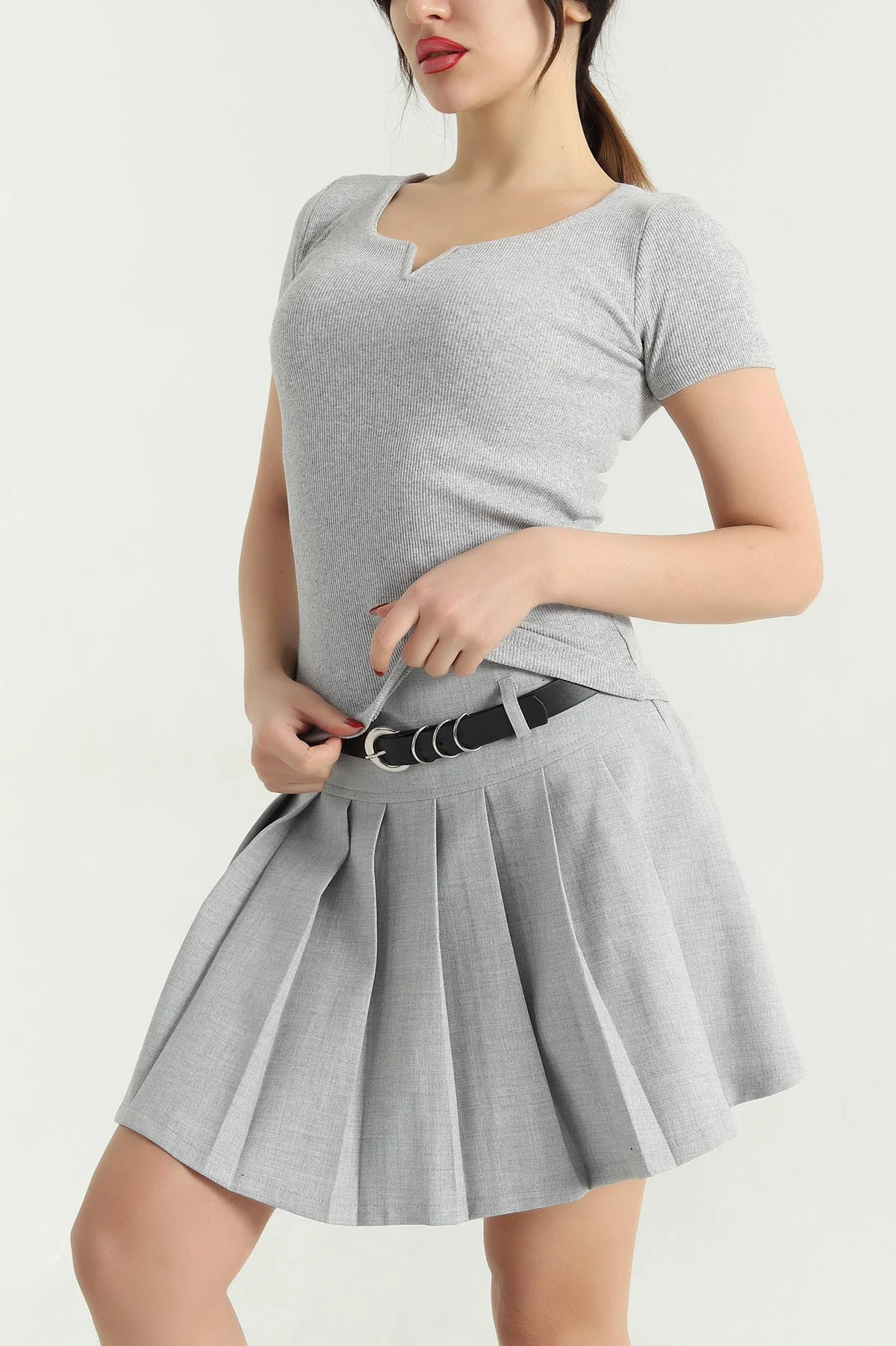 Gri V Detay Likralı Kaşkorse Bluz 340371
