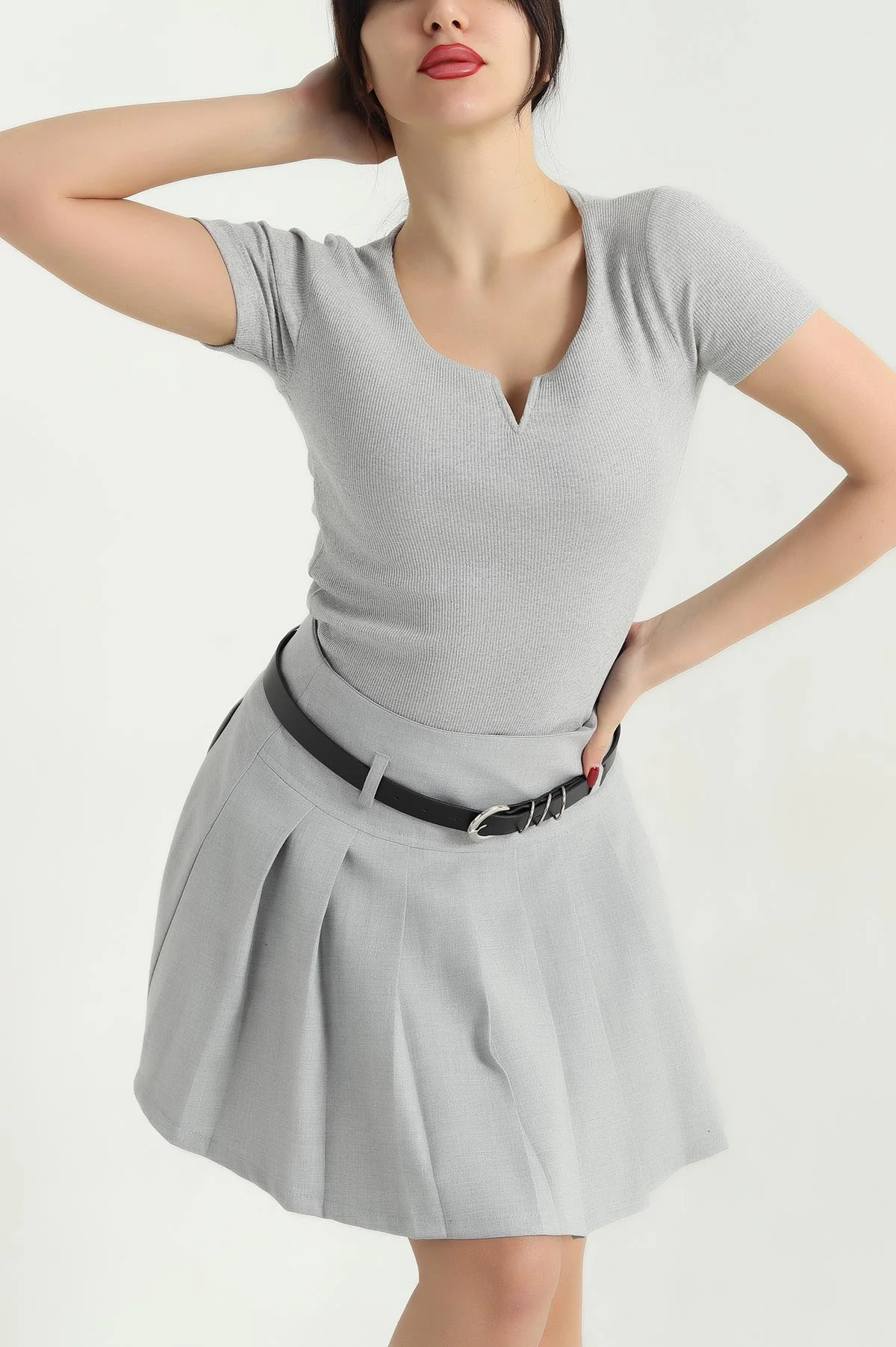 Gri V Detay Likralı Kaşkorse Bluz 340371