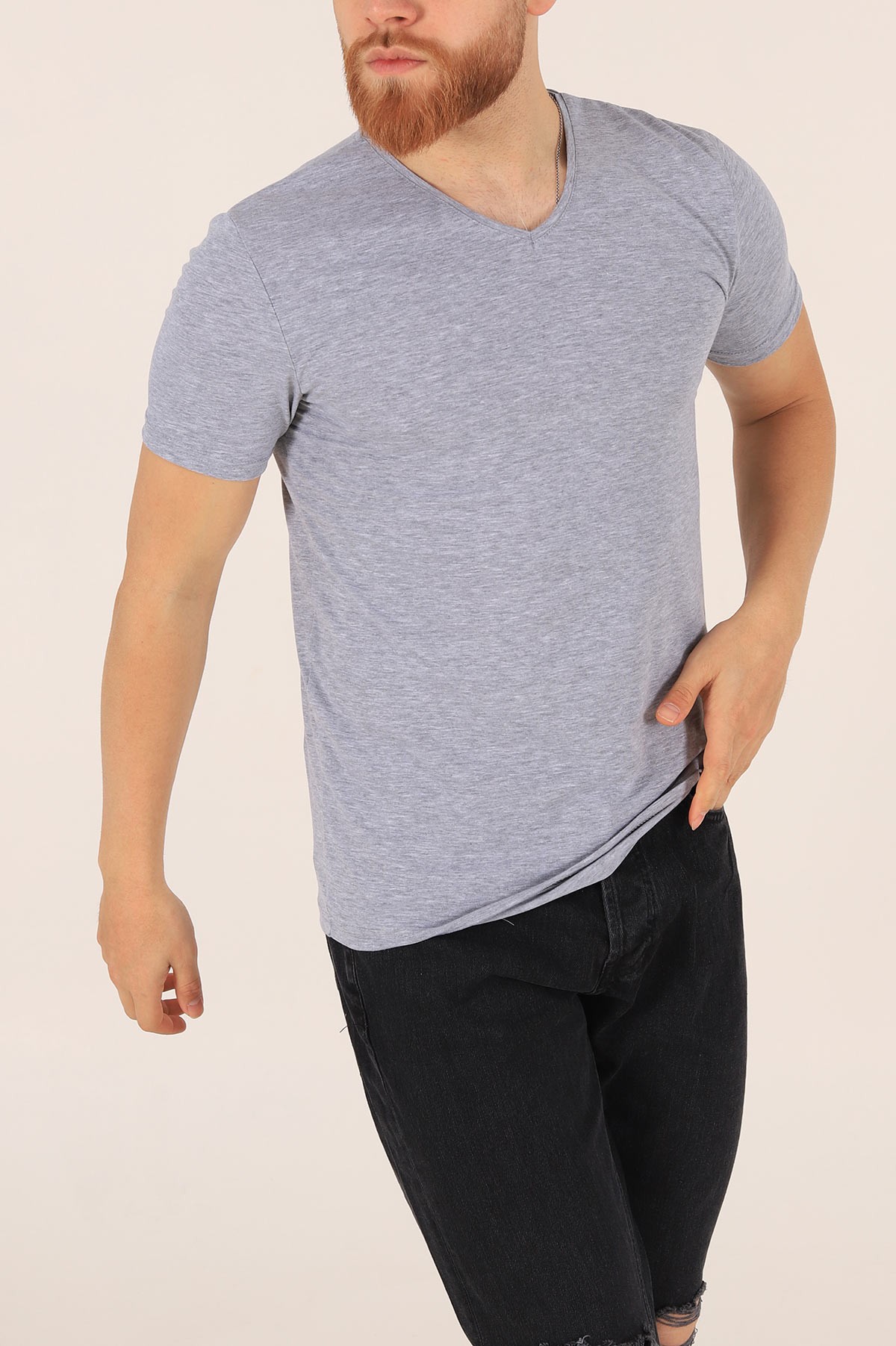 Gri V Yaka Basic Erkek Tişört 172982