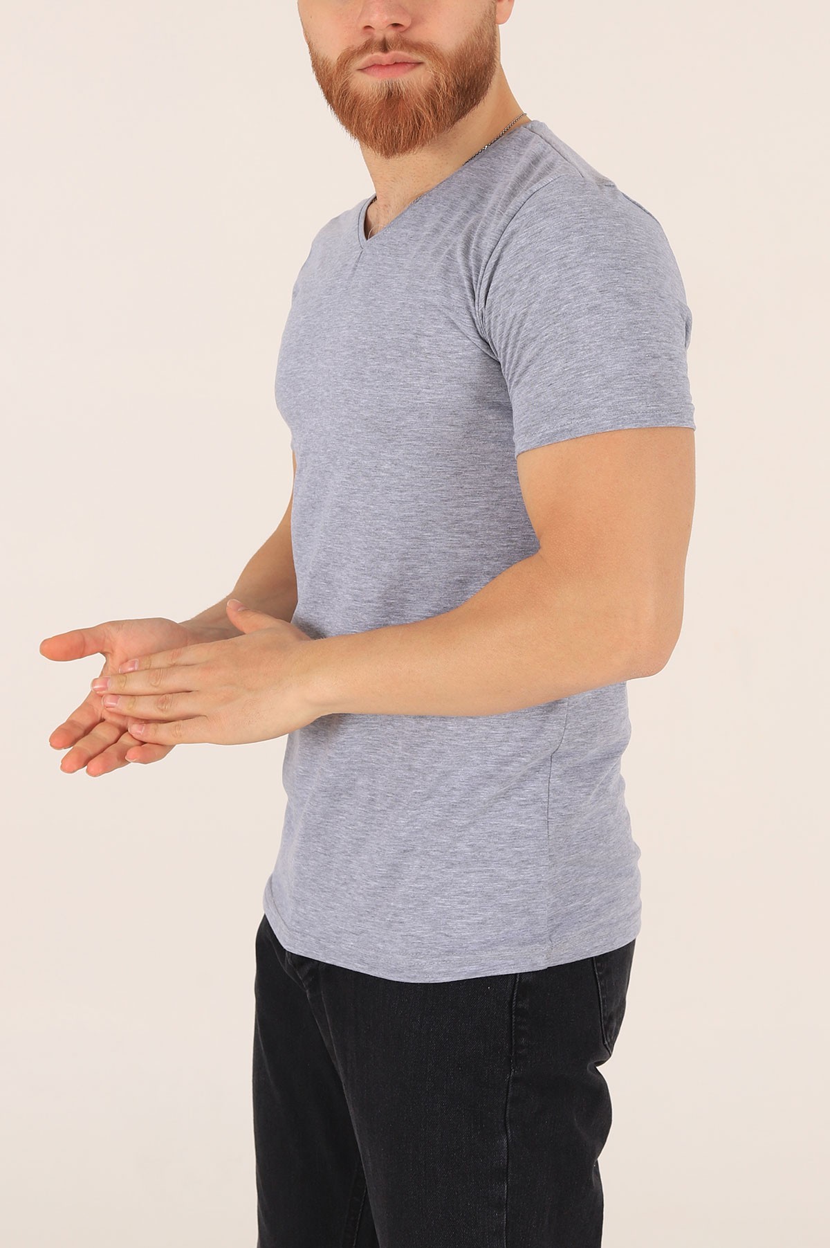 Gri V Yaka Basic Erkek Tişört 172982