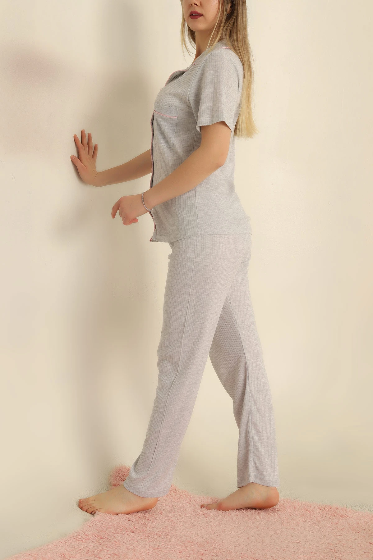 Gri Viskon Düğmeli Fitilli Pijama Takımı 251558