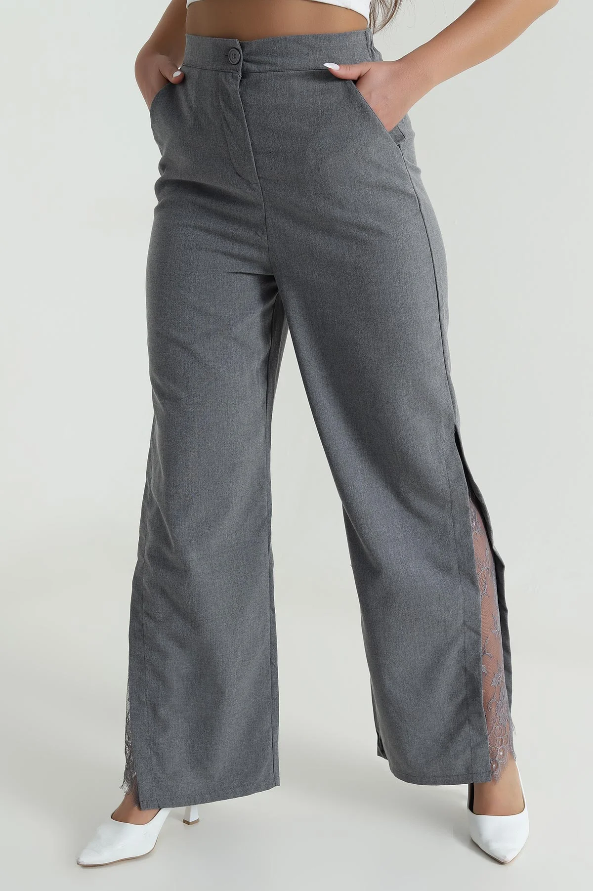 Gri Yanı Dantelli Poliviskon Kadın Pantolon 485052