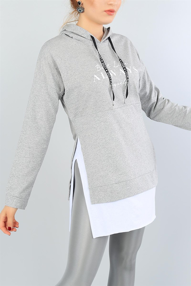 Gri Yanı Yırtmaçlı Kapüşonlu Salaş Sweat Tunik 40892