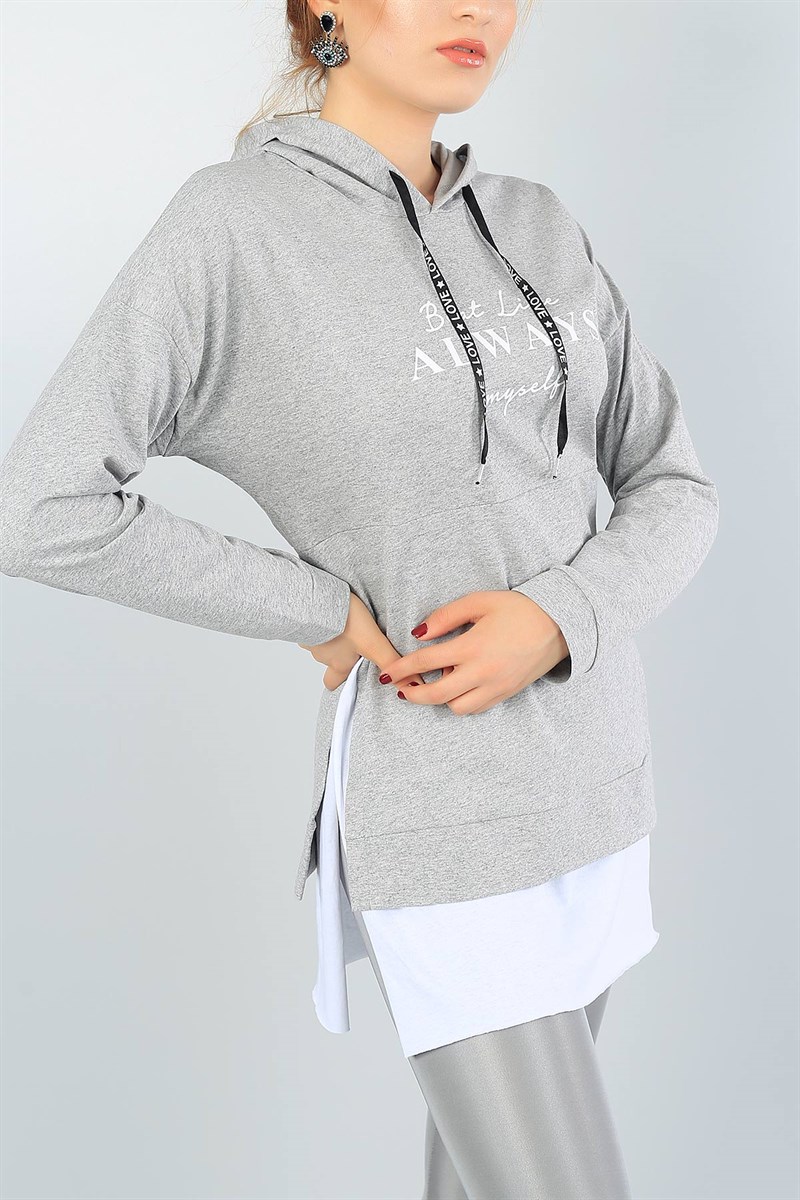 Gri Yanı Yırtmaçlı Kapüşonlu Salaş Sweat Tunik 40892