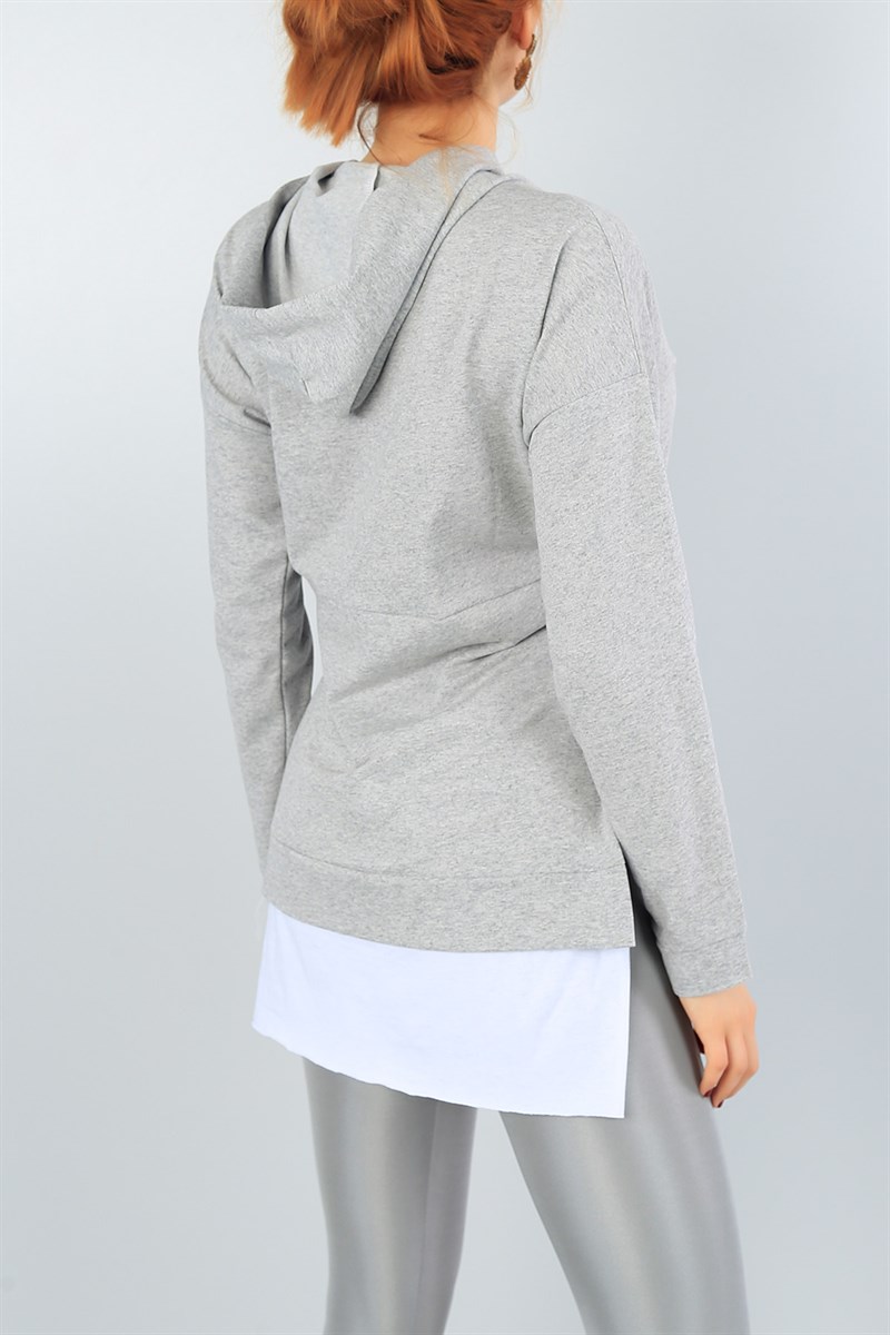 Gri Yanı Yırtmaçlı Kapüşonlu Salaş Sweat Tunik 40892
