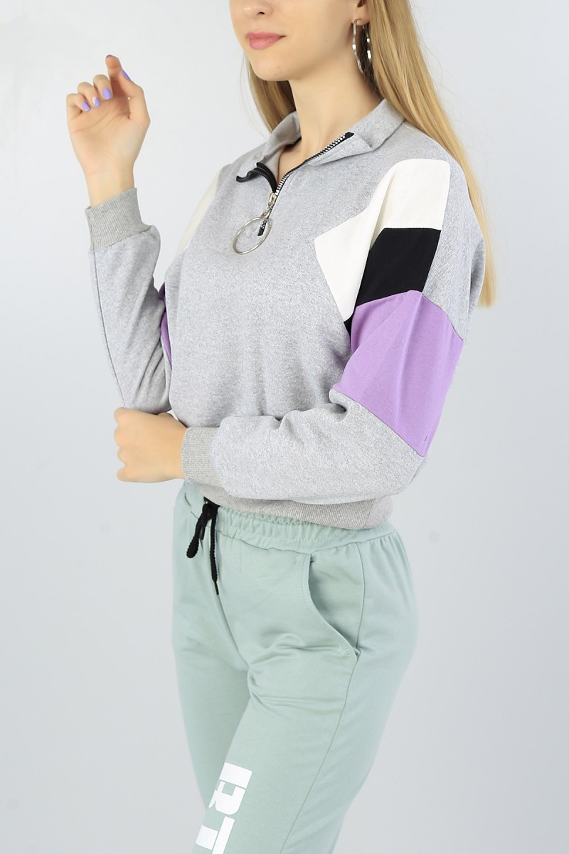 Gri Yarım Fermuarlı Bayan Crop Sweat 52442