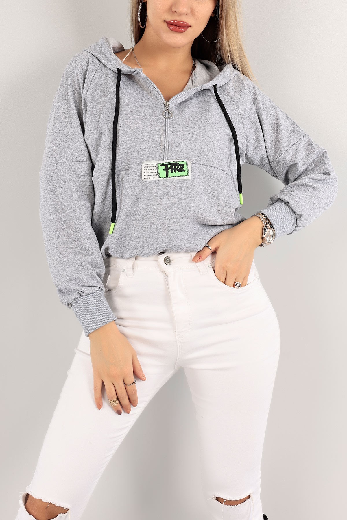Gri Yarım Fermuarlı Beli Lastikli Sweat 140685