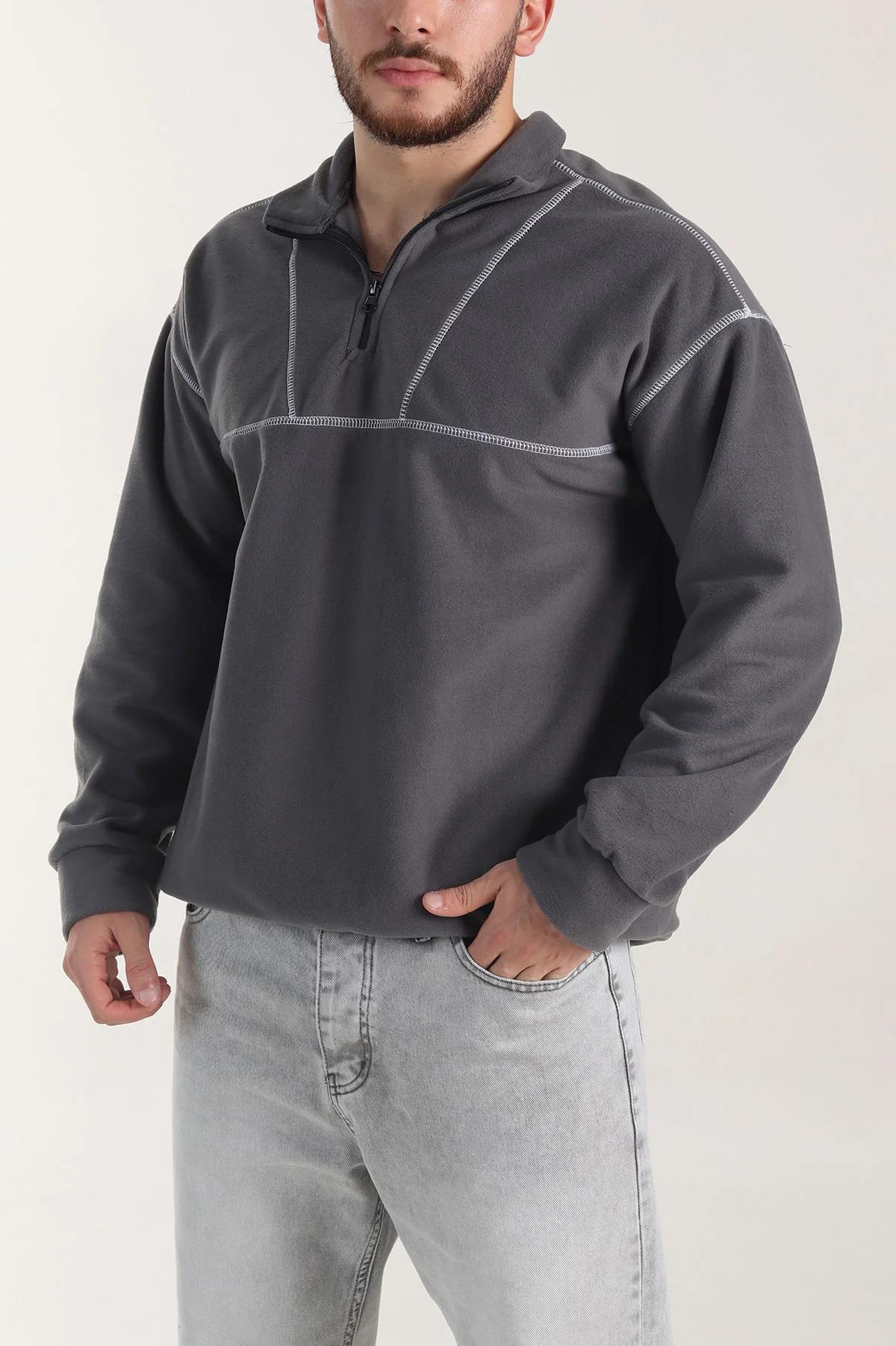 Gri Yarım Fermuarlı Dik Yaka Dikiş Detaylı Polar Kumaş Erkek Sweatshirt 404323