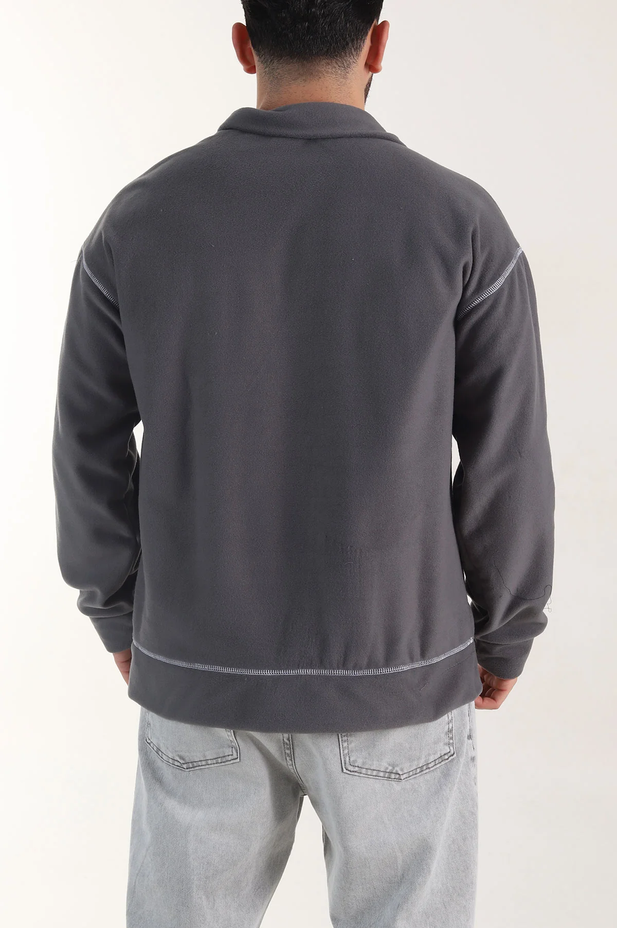 Gri Yarım Fermuarlı Dik Yaka Dikiş Detaylı Polar Kumaş Erkek Sweatshirt 404323