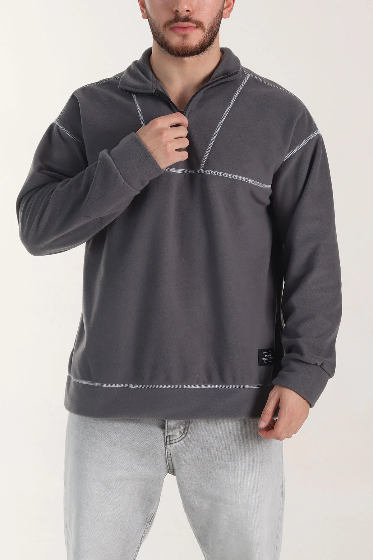 Gri Yarım Fermuarlı Dik Yaka Dikiş Detaylı Polar Kumaş Erkek Sweatshirt 404323