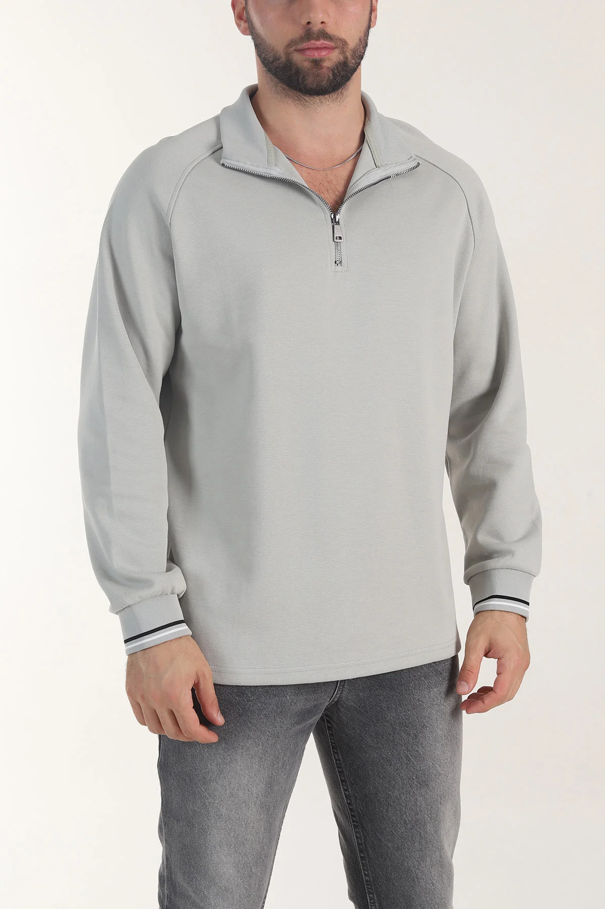 Gri Yarım Fermuarlı Dik Yaka Erkek Sweatshirt 406952