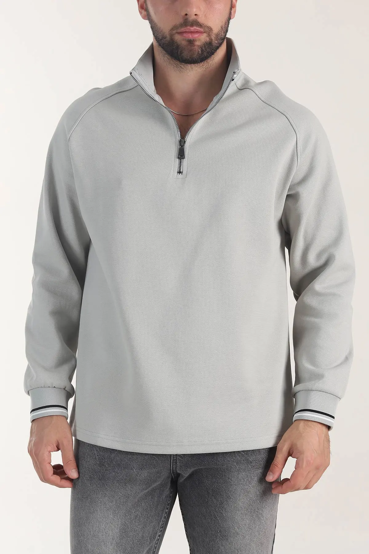 Gri Yarım Fermuarlı Dik Yaka Erkek Sweatshirt 406952
