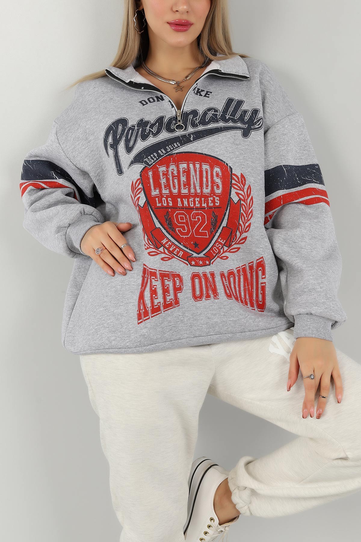 Gri Yarım Fermuarlı İçi Şardonlu Sweat 144074