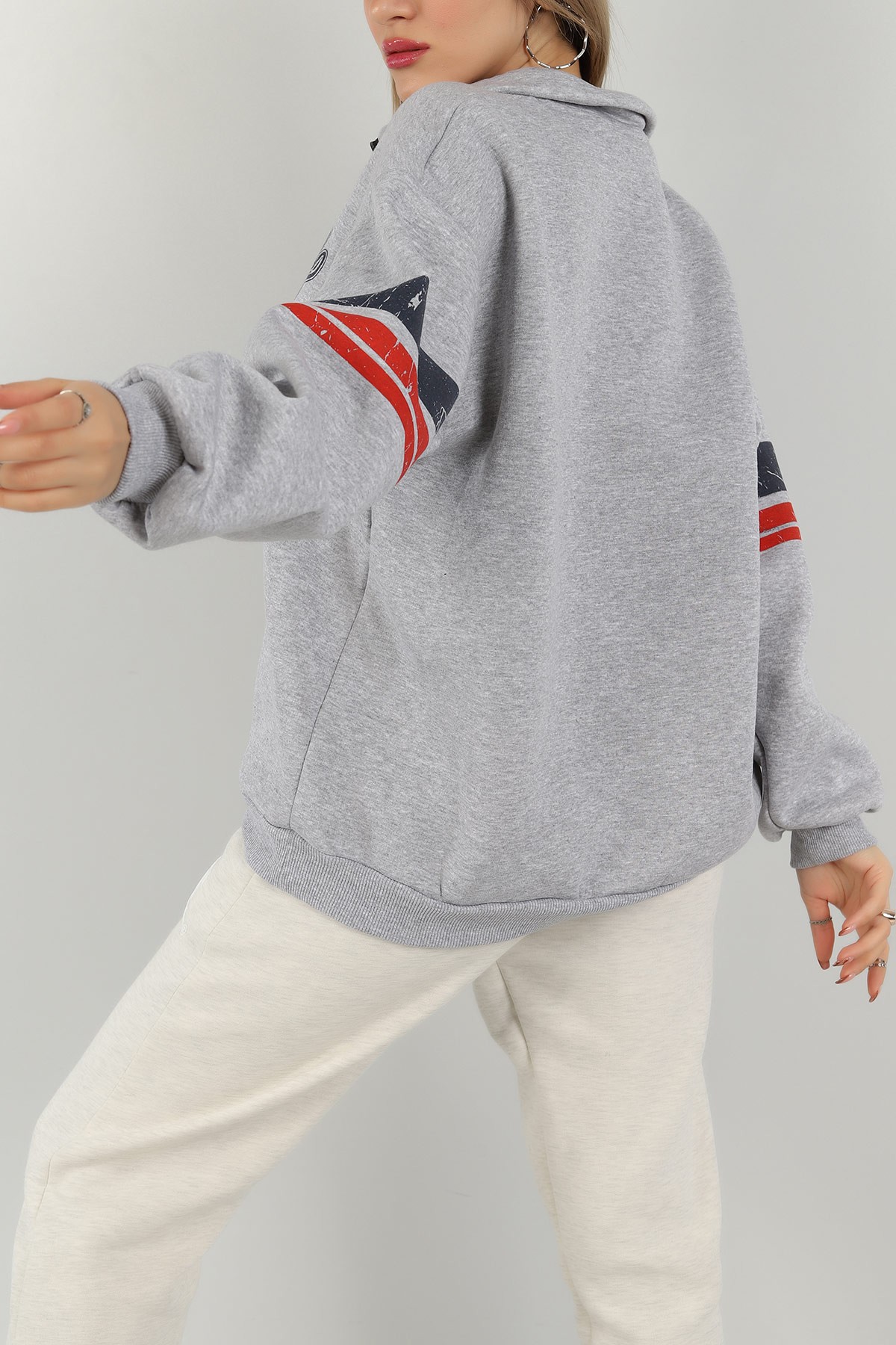 Gri Yarım Fermuarlı İçi Şardonlu Sweat 144074