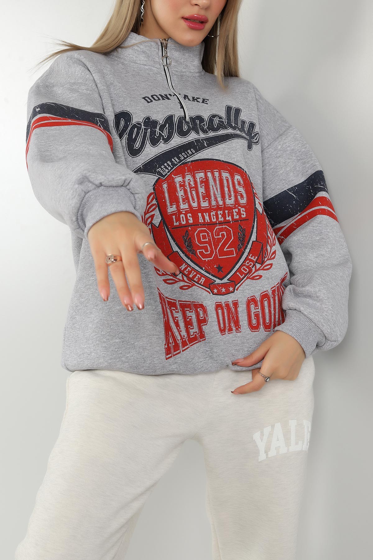 Gri Yarım Fermuarlı İçi Şardonlu Sweat 144074