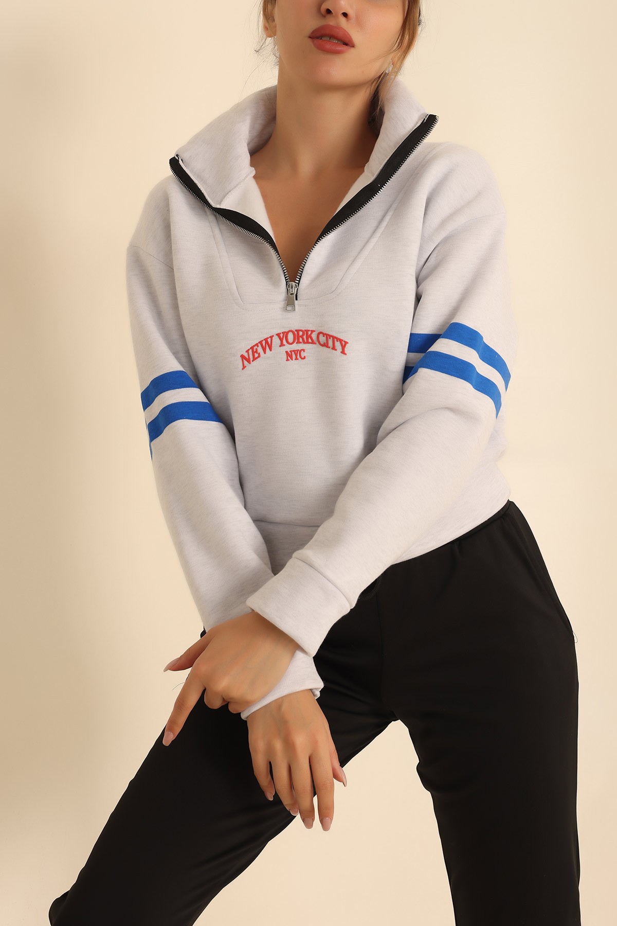 Gri Yarım Fermuarlı Şardonlu Sweat 219369