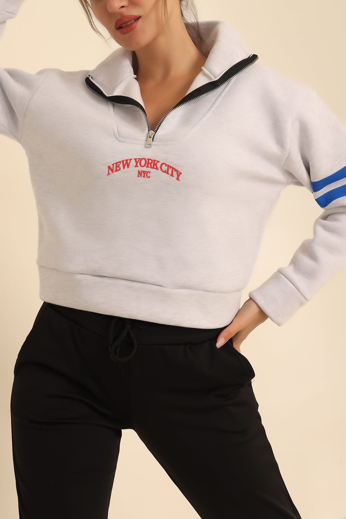 Gri Yarım Fermuarlı Şardonlu Sweat 219369