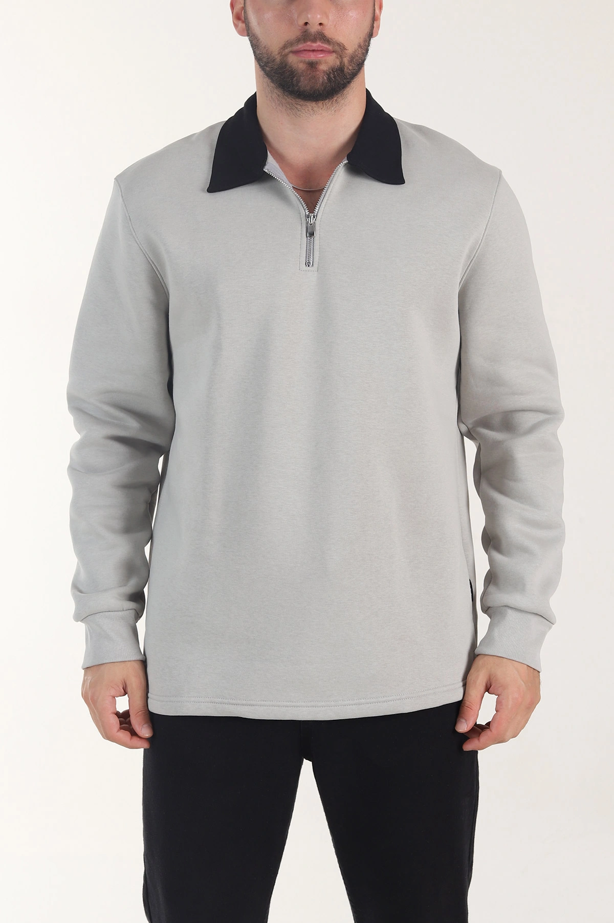 Gri Yarım Fermuarlı Üç İp Şardonlu Polo Yaka Erkek Sweatshirt 406132