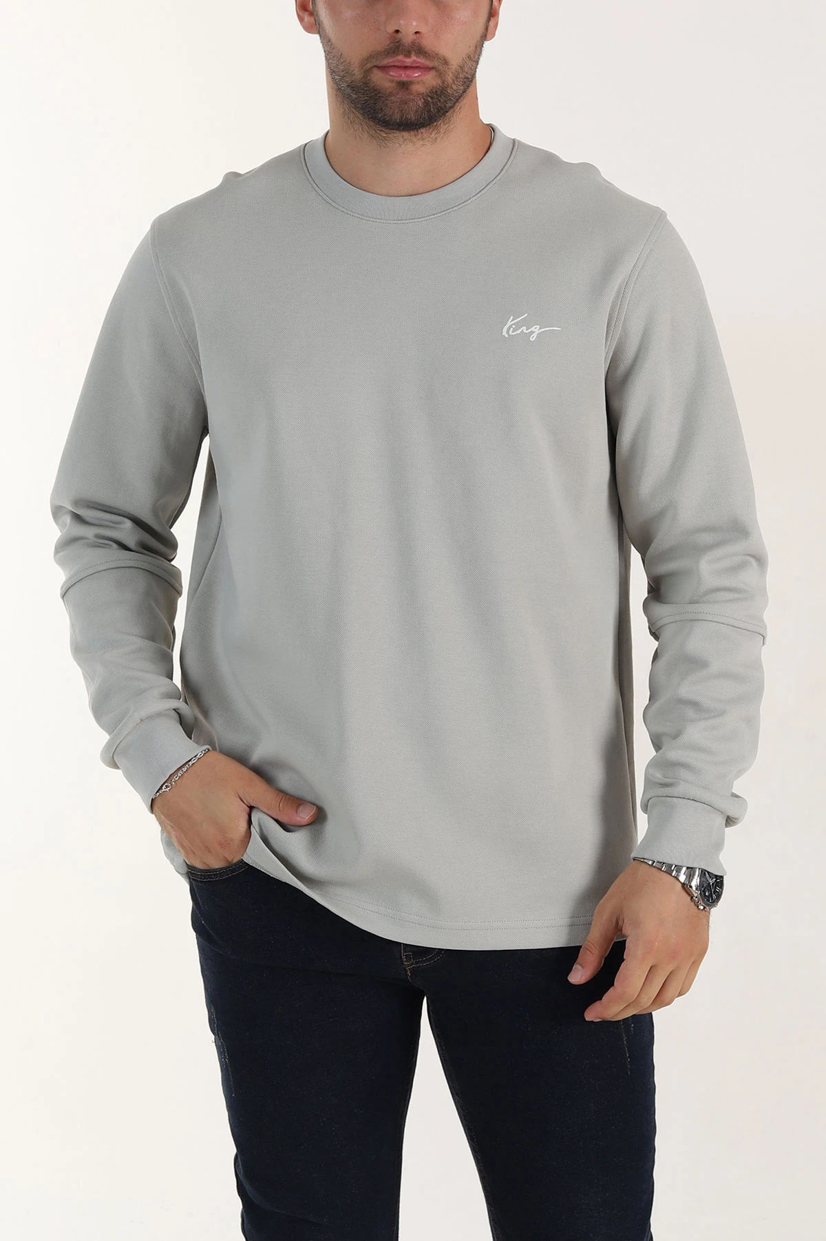 Gri Yazı Detaylı Bisiklet Yaka Erkek Sweatshirt 396929