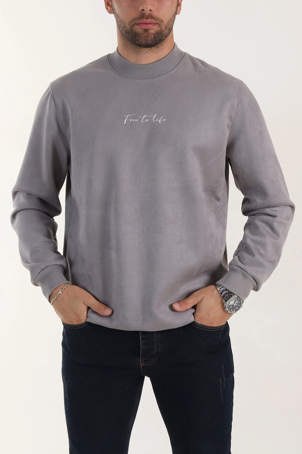Gri Yazı Detaylı Bisiklet Yaka Erkek Sweatshirt 396976