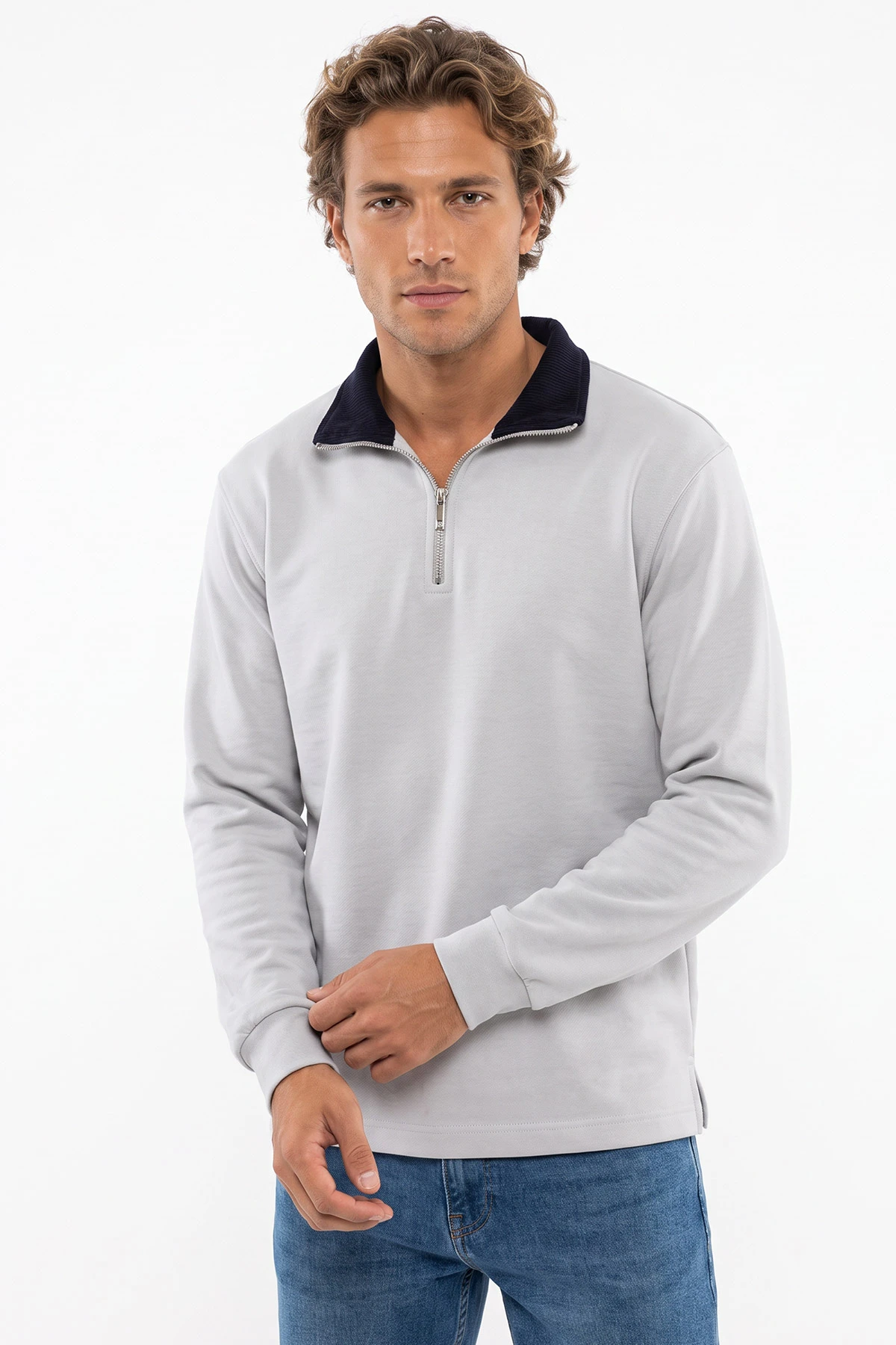 Gri Yeni Sezon Yarım Fermuarlı Erkek Sweatshirt 501130