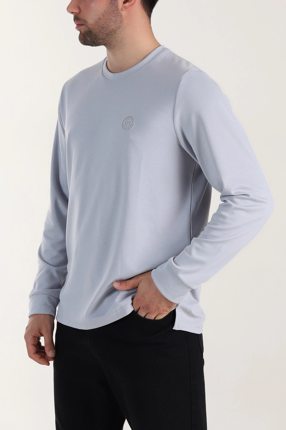 Gri Yırtmaçlı Bisiklet Yaka Erkek Sweatshirt 410639