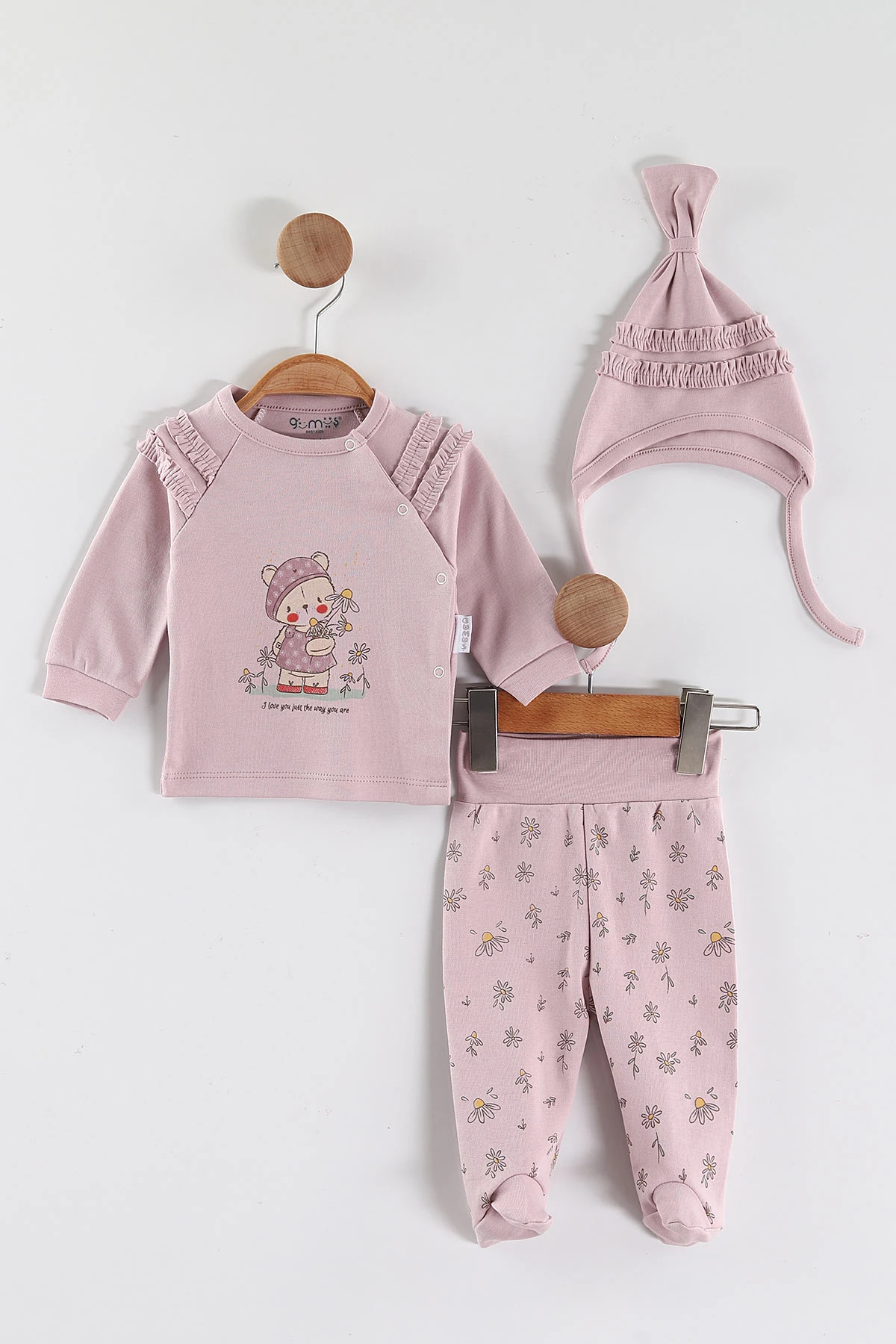 Gül Kurusu (0-3 Ay) Papatyalı Ayıcık Baskılı   Patikli Kız Bebek 3'lü Zıbın Takım 453758