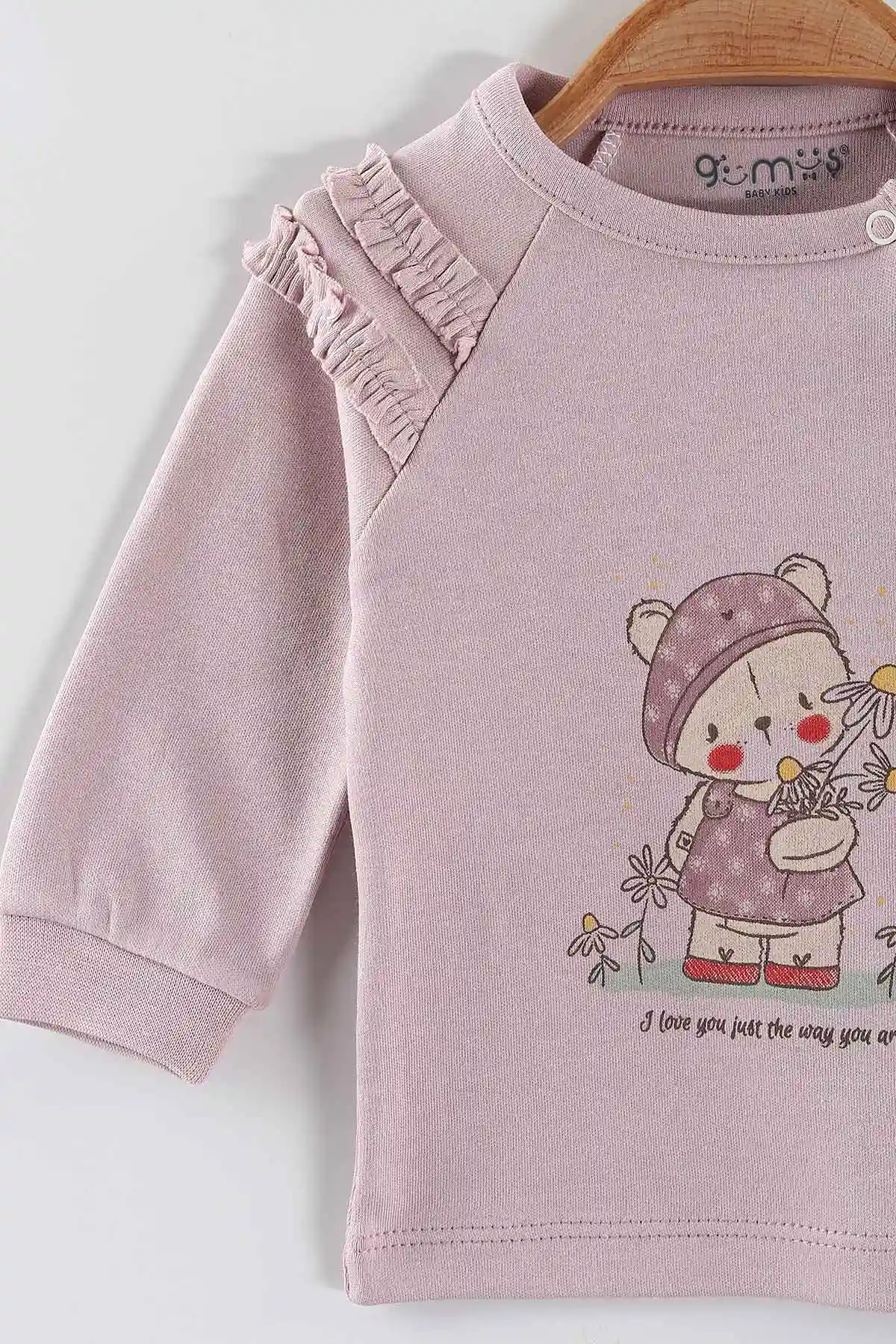 Gül Kurusu (0-3 Ay) Papatyalı Ayıcık Baskılı   Patikli Kız Bebek 3'lü Zıbın Takım 453758