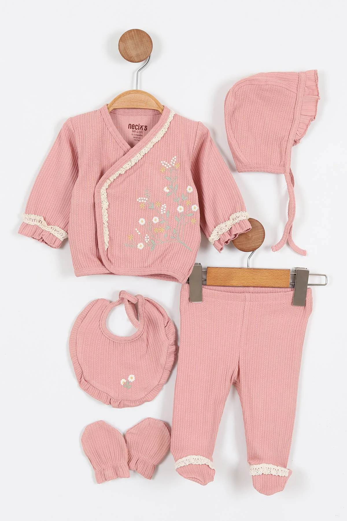 Gül Kurusu (0-3 Ay)Çiçek Nakışlı Kız Bebek 5'li Zıbın Set 330789