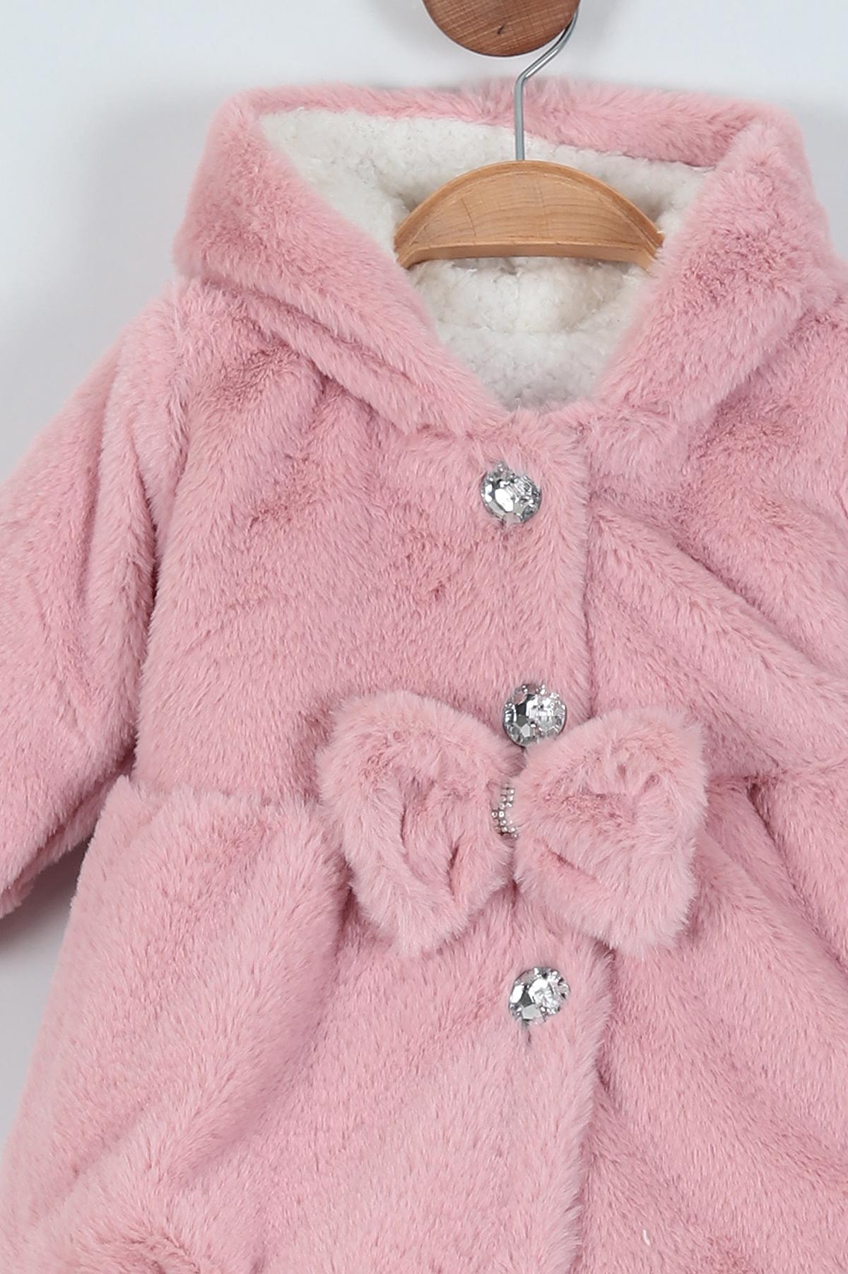 Gül Kurusu (1-3 Yaş) Taş Detaylı Fiyonklu Kürklü Kız Bebe Mont 220925
