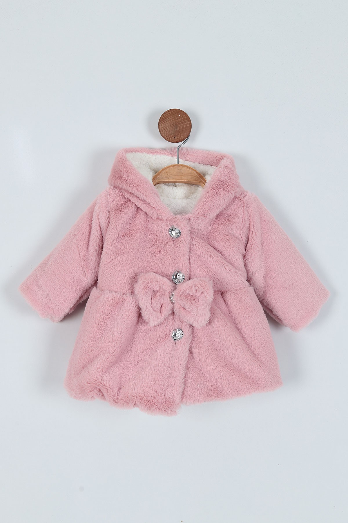 Gül Kurusu (1-3 Yaş) Taş Detaylı Fiyonklu Kürklü Kız Bebe Mont 220925