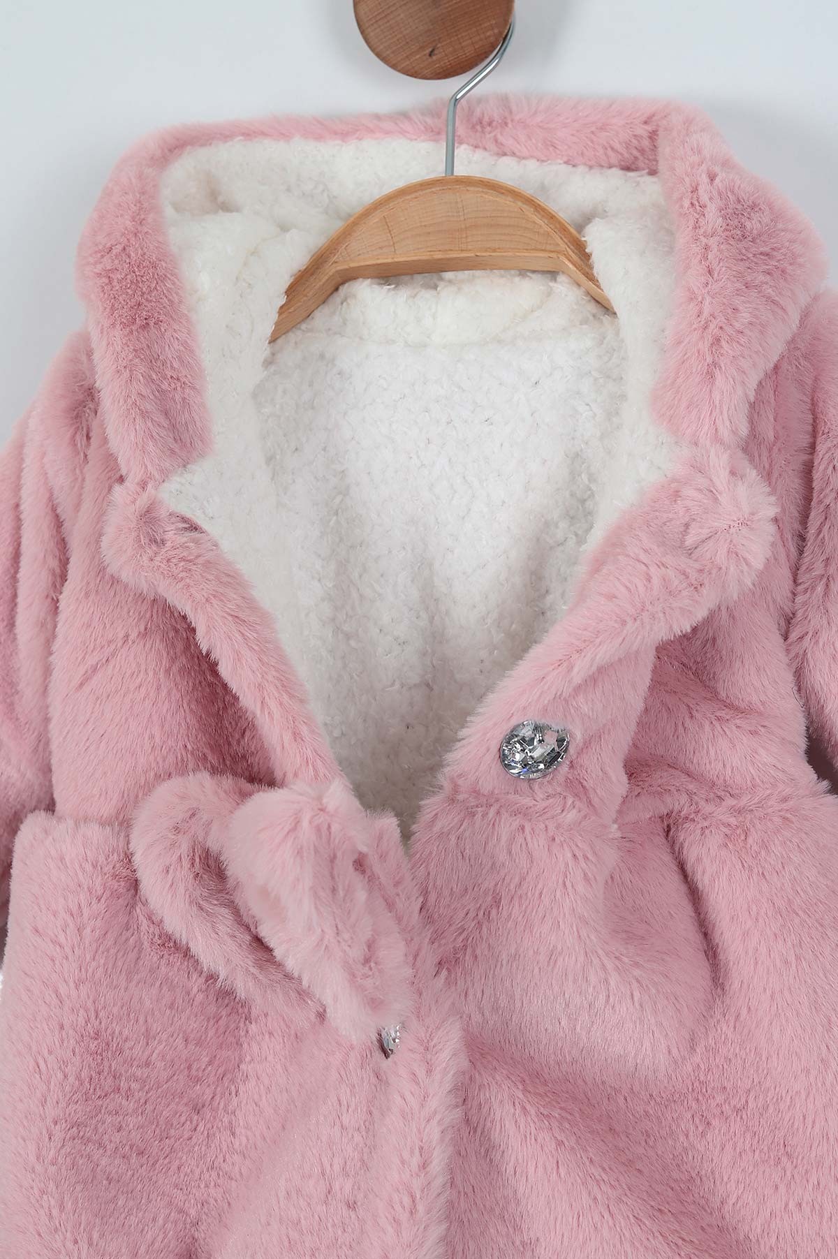 Gül Kurusu (1-3 Yaş) Taş Detaylı Fiyonklu Kürklü Kız Bebe Mont 220925