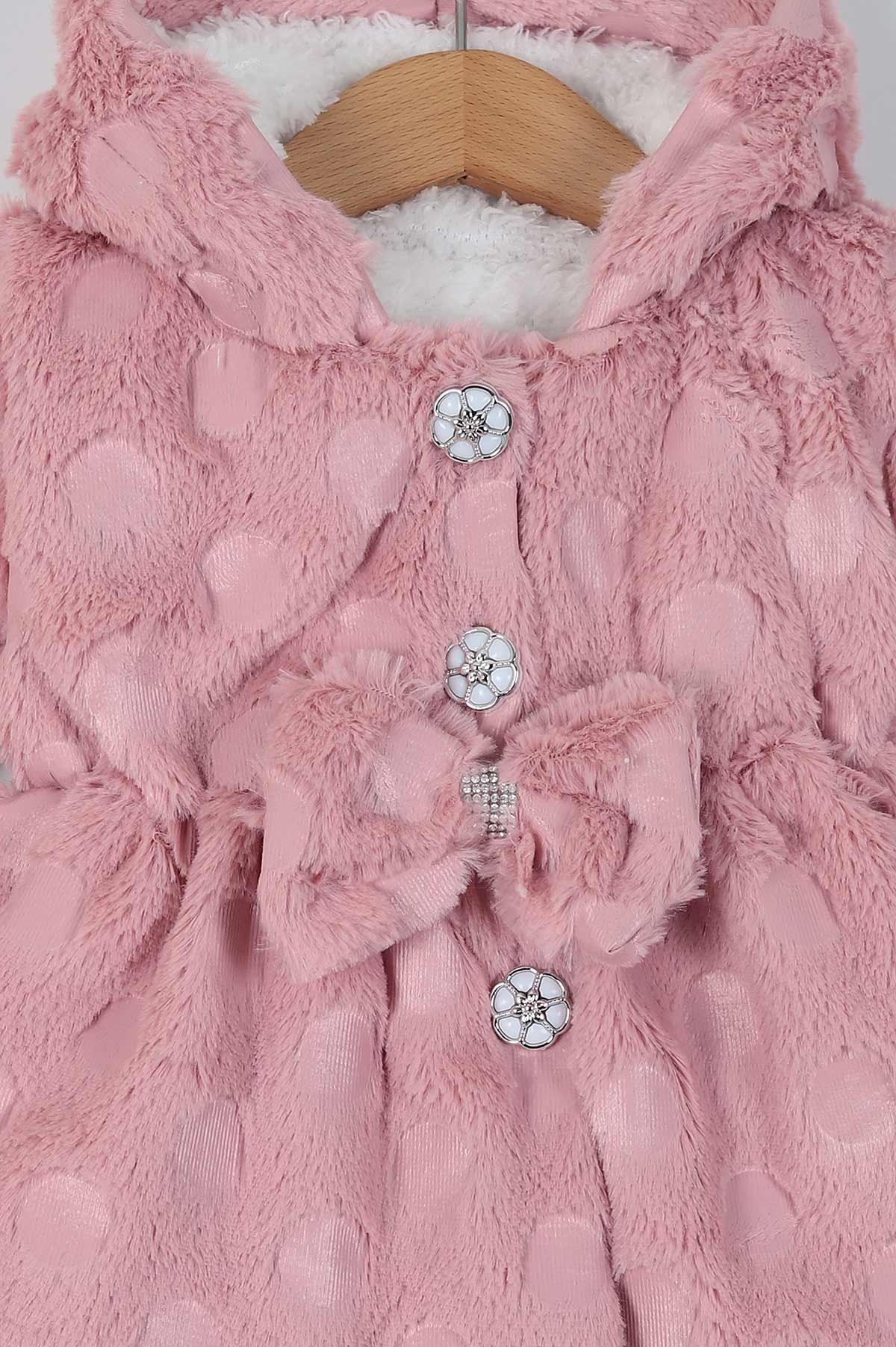 Gül Kurusu (1-4 Yaş) Fiyonk Peluş Motifli Düğmeli İçi Kürklü Mont 216848