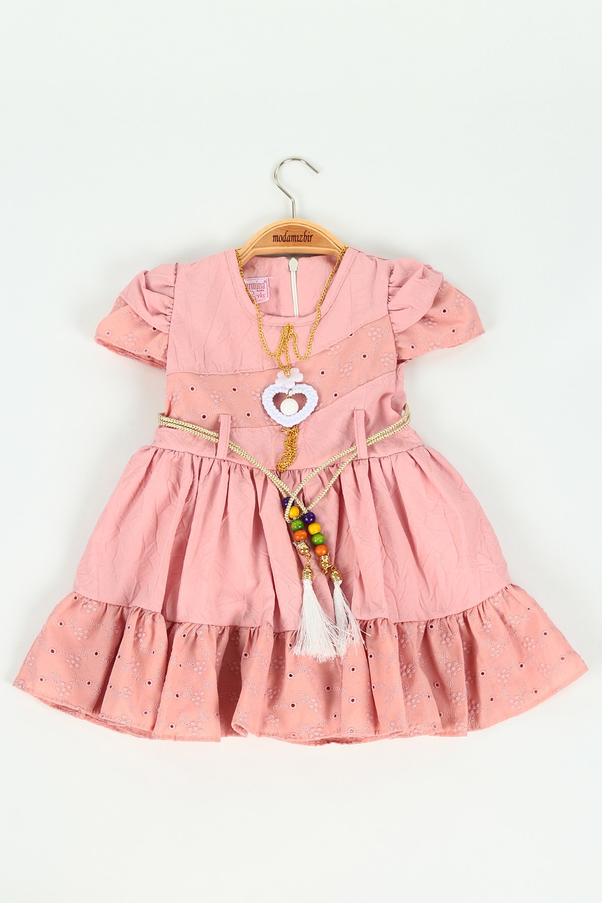 Gül Kurusu (1-4 yaş) Kemerli Fisto İşlemeli Kız Çocuk Elbise 118177