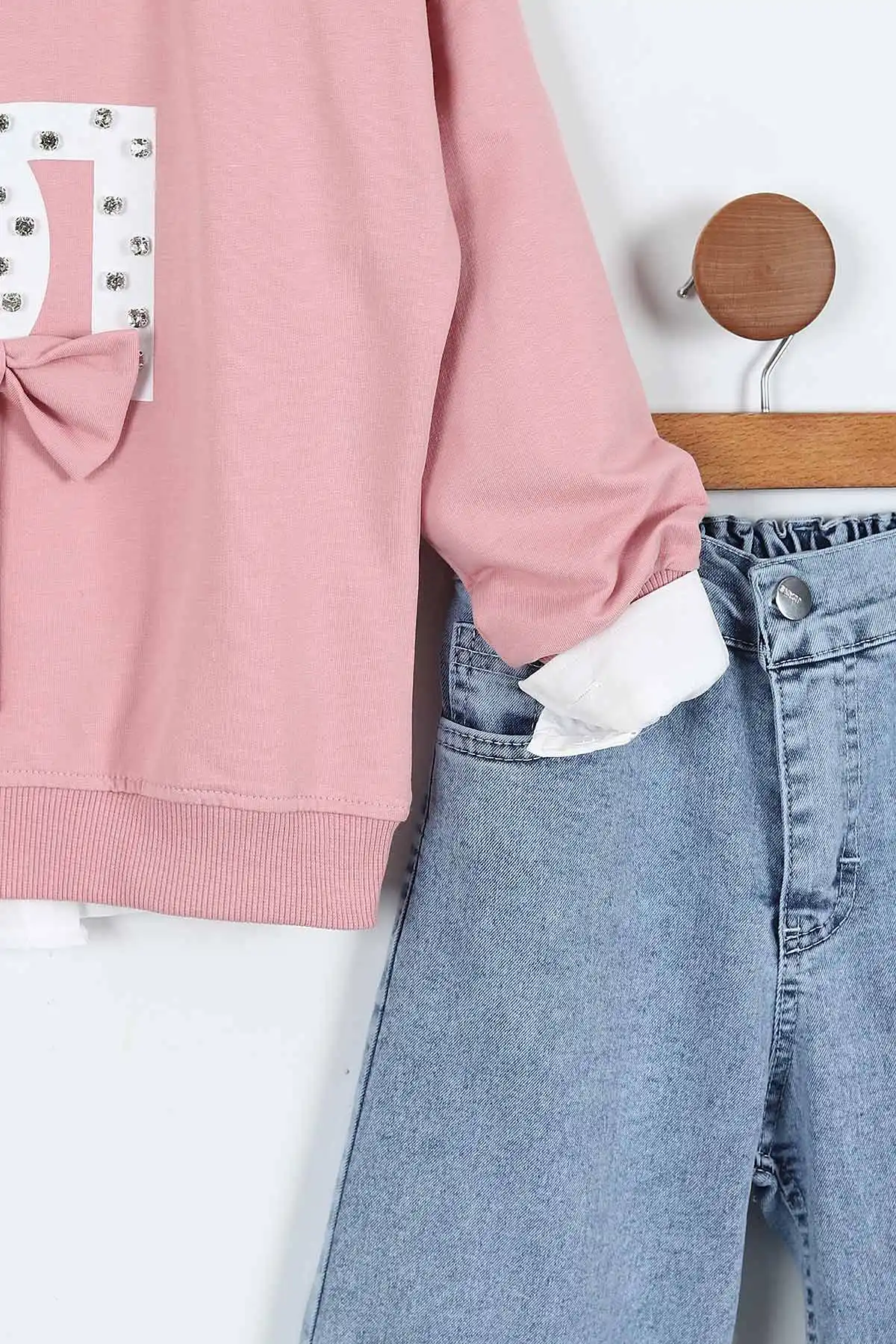 Gül Kurusu (1-9 Yaş)  Gömlekli  Taşlı Baskılı Sweatli   Kot Pantolonlu Kız Çocuk 3'lü Takım 410327