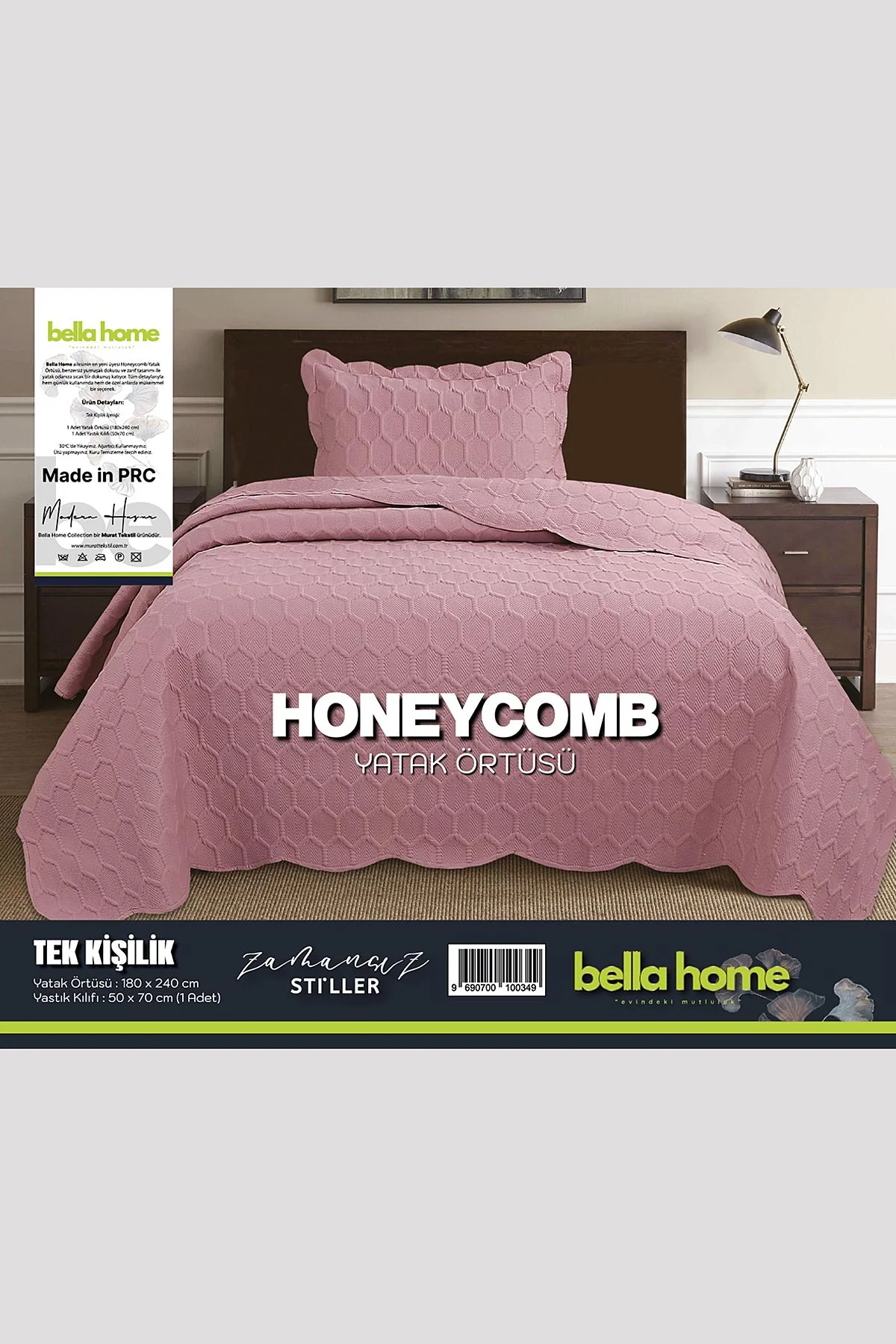 Gül Kurusu 180x240 Cm Bella Home Tek Kişilik Honeycomb 3D Yatak Örtüsü 395087