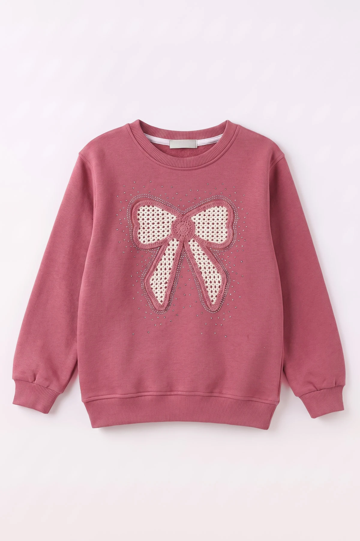 Gül Kurusu (2-12 Yaş) Fiyonk Nakışlı Taşlı  İçi Şardonlu Kız Çocuk Sweatshirt 483280