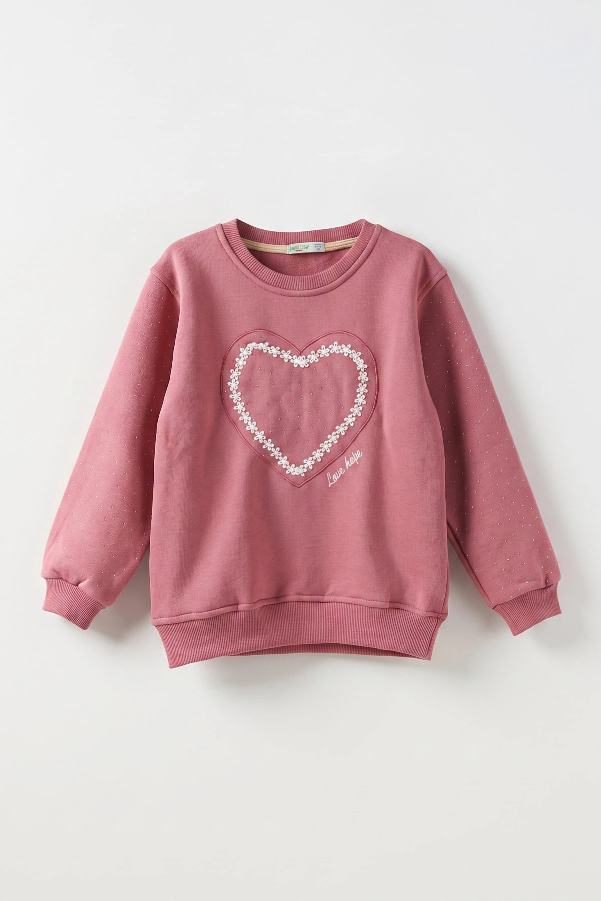 Gül Kurusu (2-12 Yaş) Kalp Nakışlı Taşlı  İçi Şardonlu Kız Çocuk Sweatshirt 483266