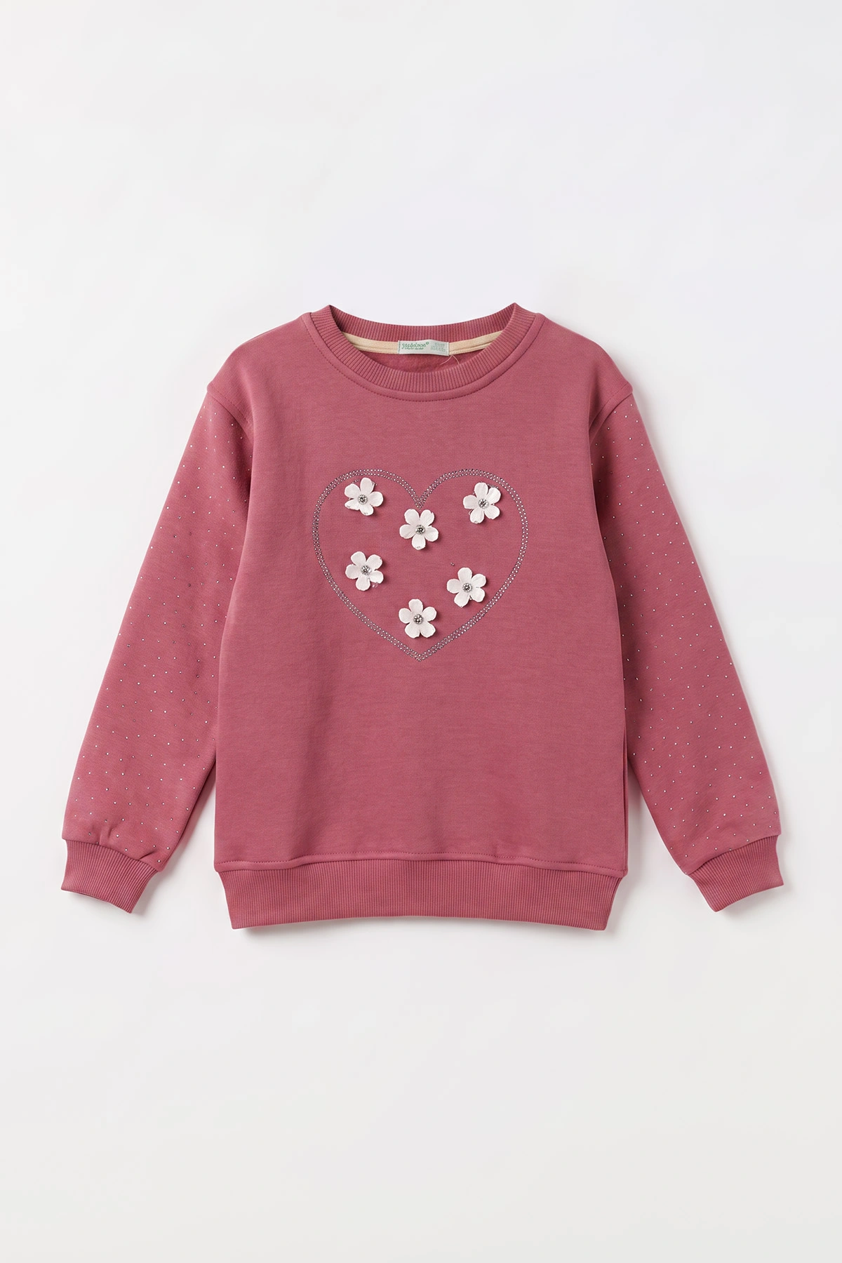 Gül Kurusu (2-12 Yaş) Kalpli Çiçek Nakışlı Taşlı  İçi Şardonlu Kız Çocuk Sweatshirt 483289