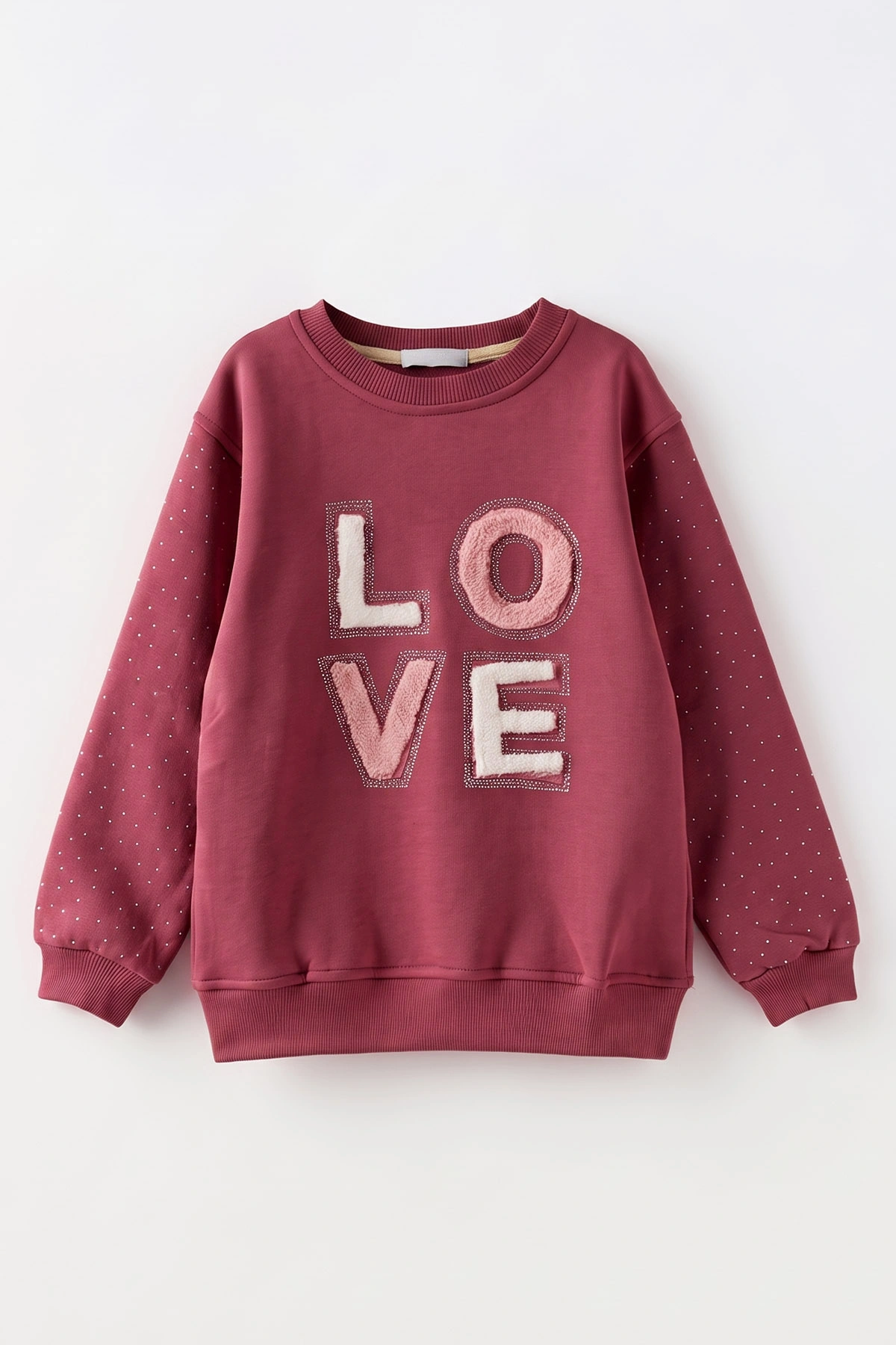Gül Kurusu (2-12 Yaş) Love Nakışlı Taşlı  İçi Şardonlu Kız Çocuk Sweatshirt 483274