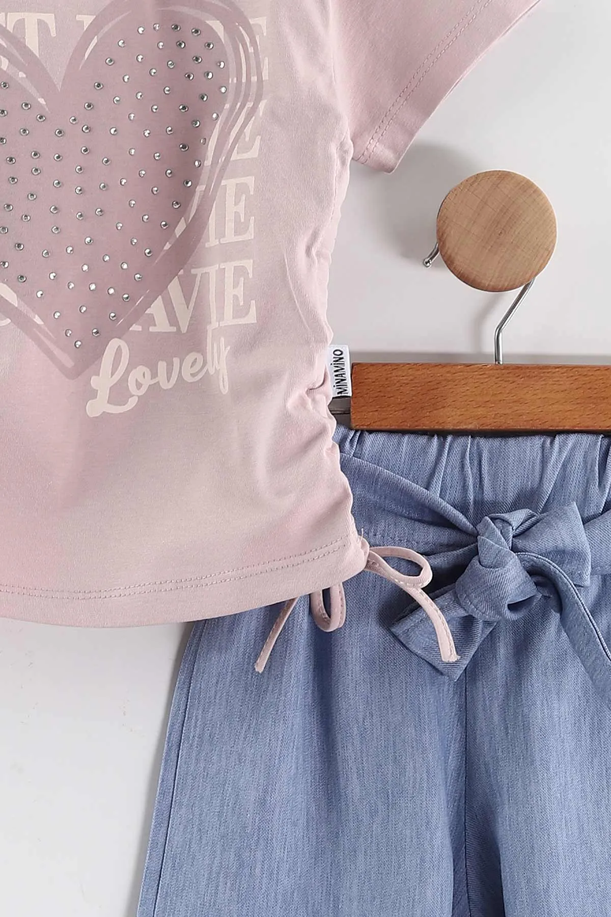 Gül Kurusu (2-5 Yaş)Taşlı Kalp Baskılı Tencel Şortlu Kız Çocuk Takım 436926